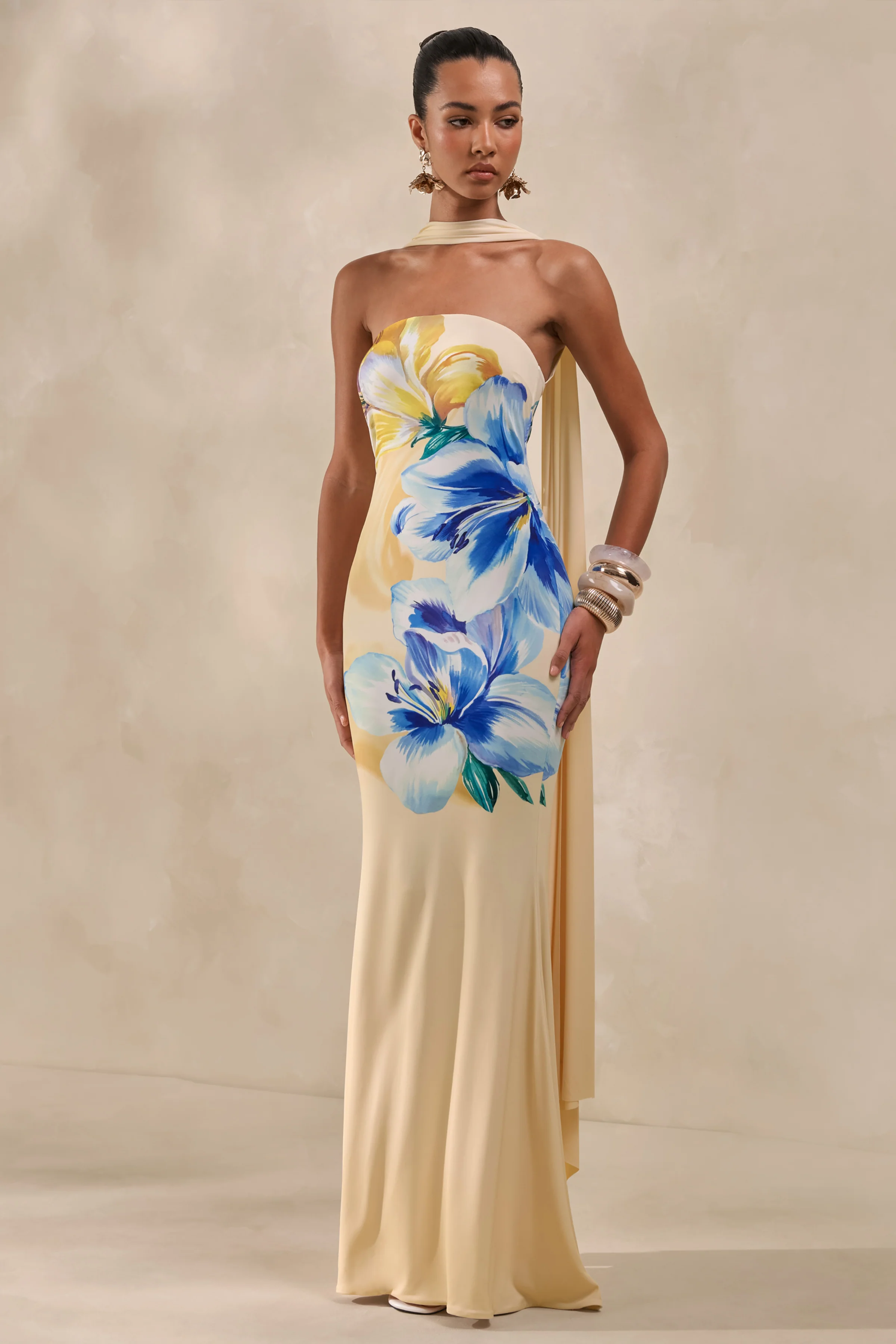 Brooke | Lemon And Blue Floral Print Bandeau Maxi Dress With Scarf - Image 2