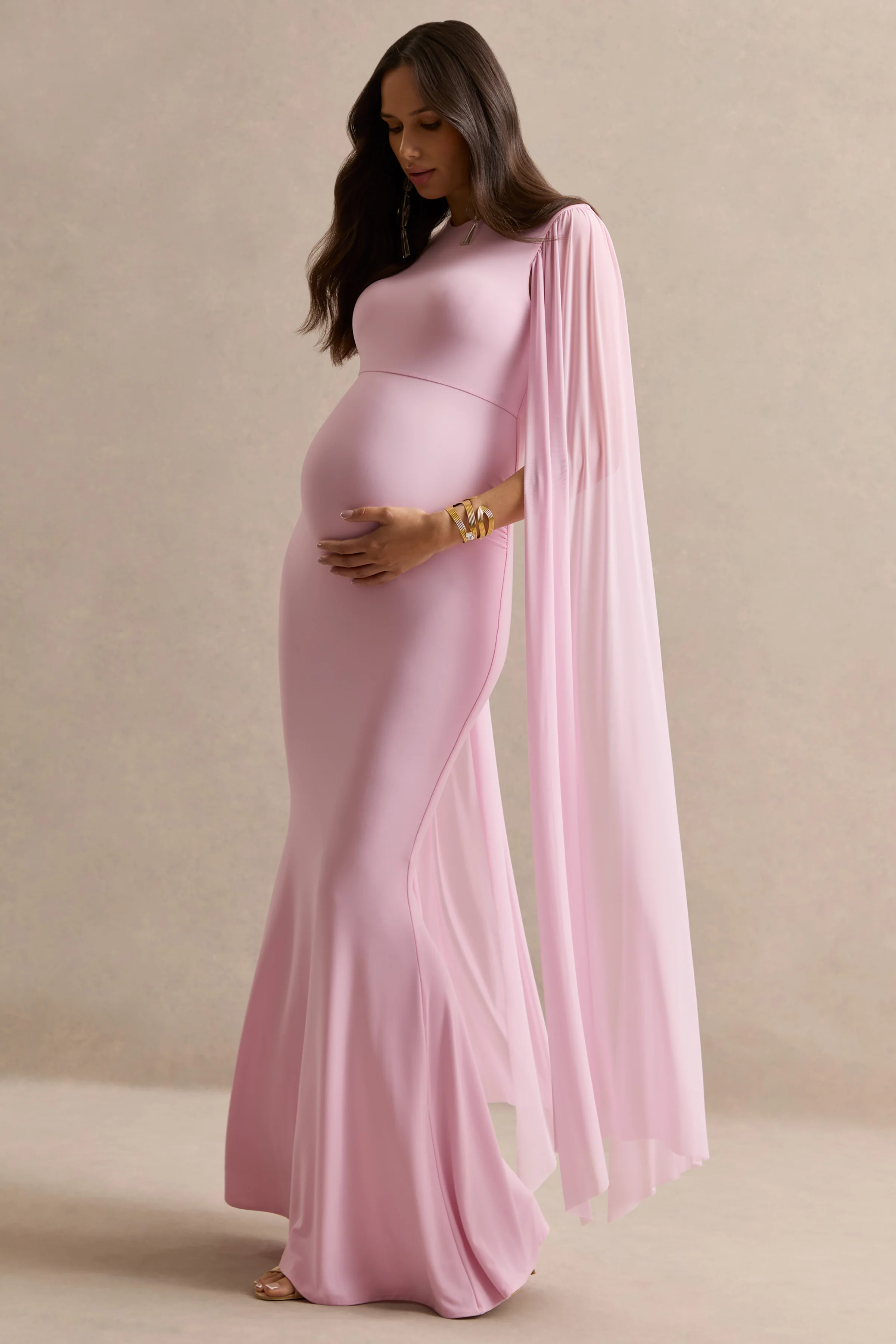 Calitheia | Light Pink Round-Neck Maternity Maxi Dress With Long Floaty Mesh Sleeves - Image 4