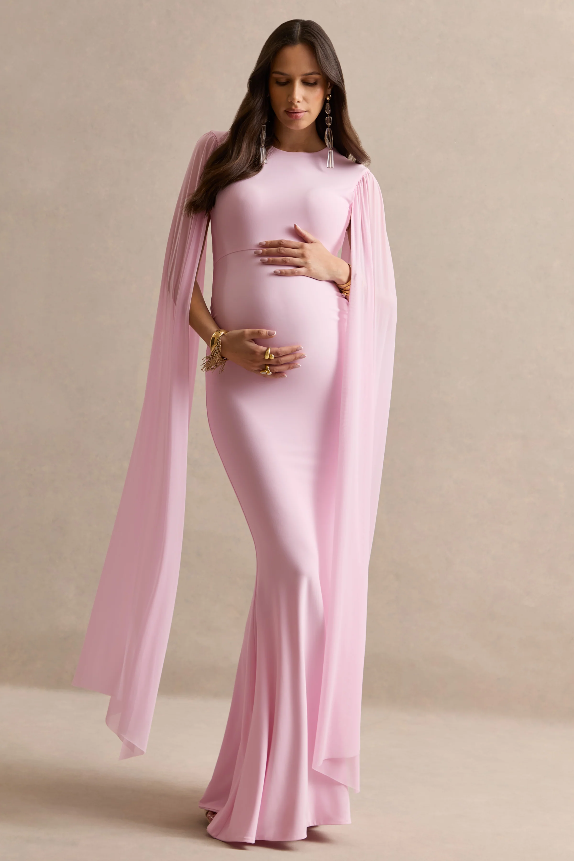 Calitheia | Light Pink Round-Neck Maternity Maxi Dress With Long Floaty Mesh Sleeves - Image 5