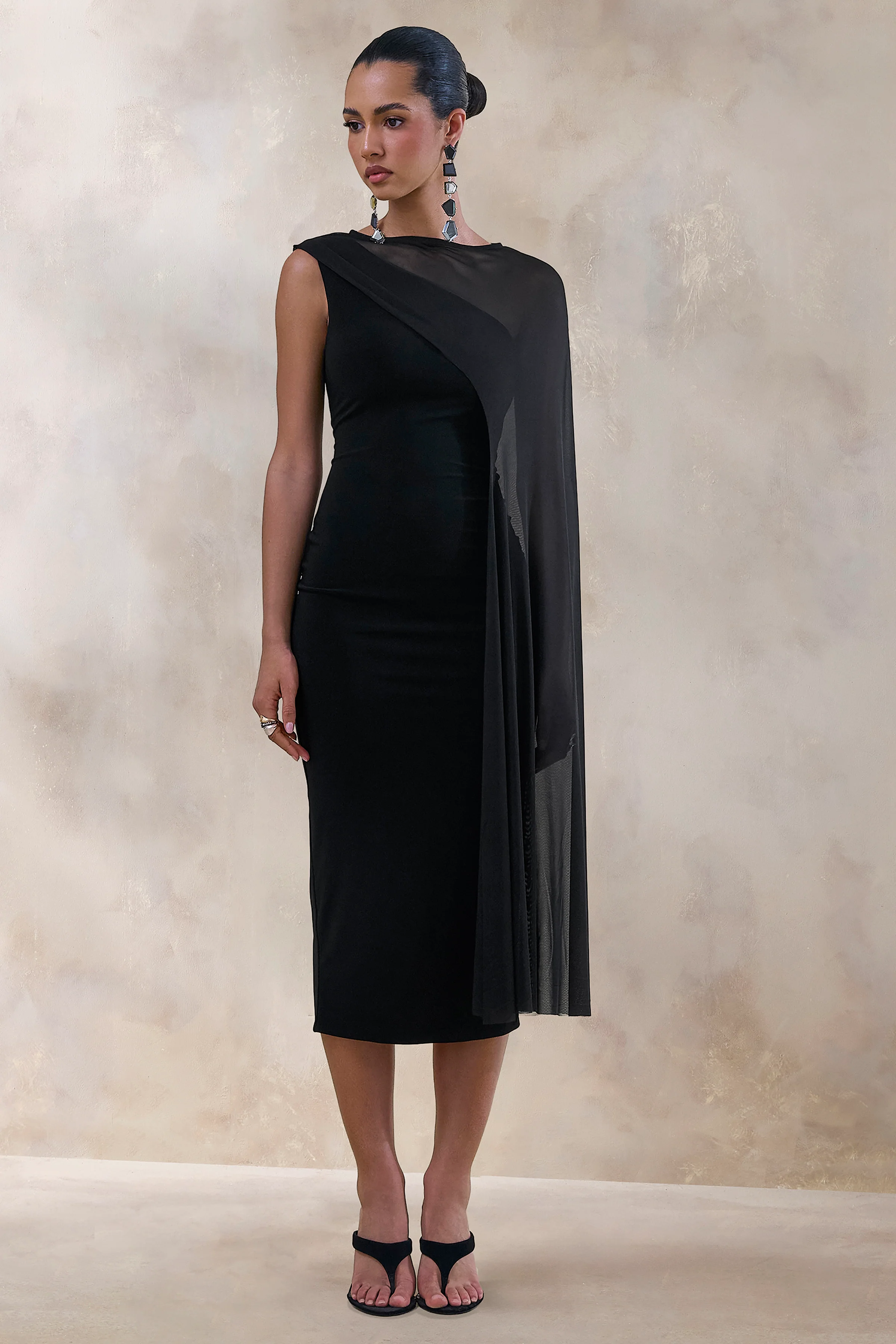 Caloria | Black Asymmetric-Neck Midi Dress With Mesh-Cape