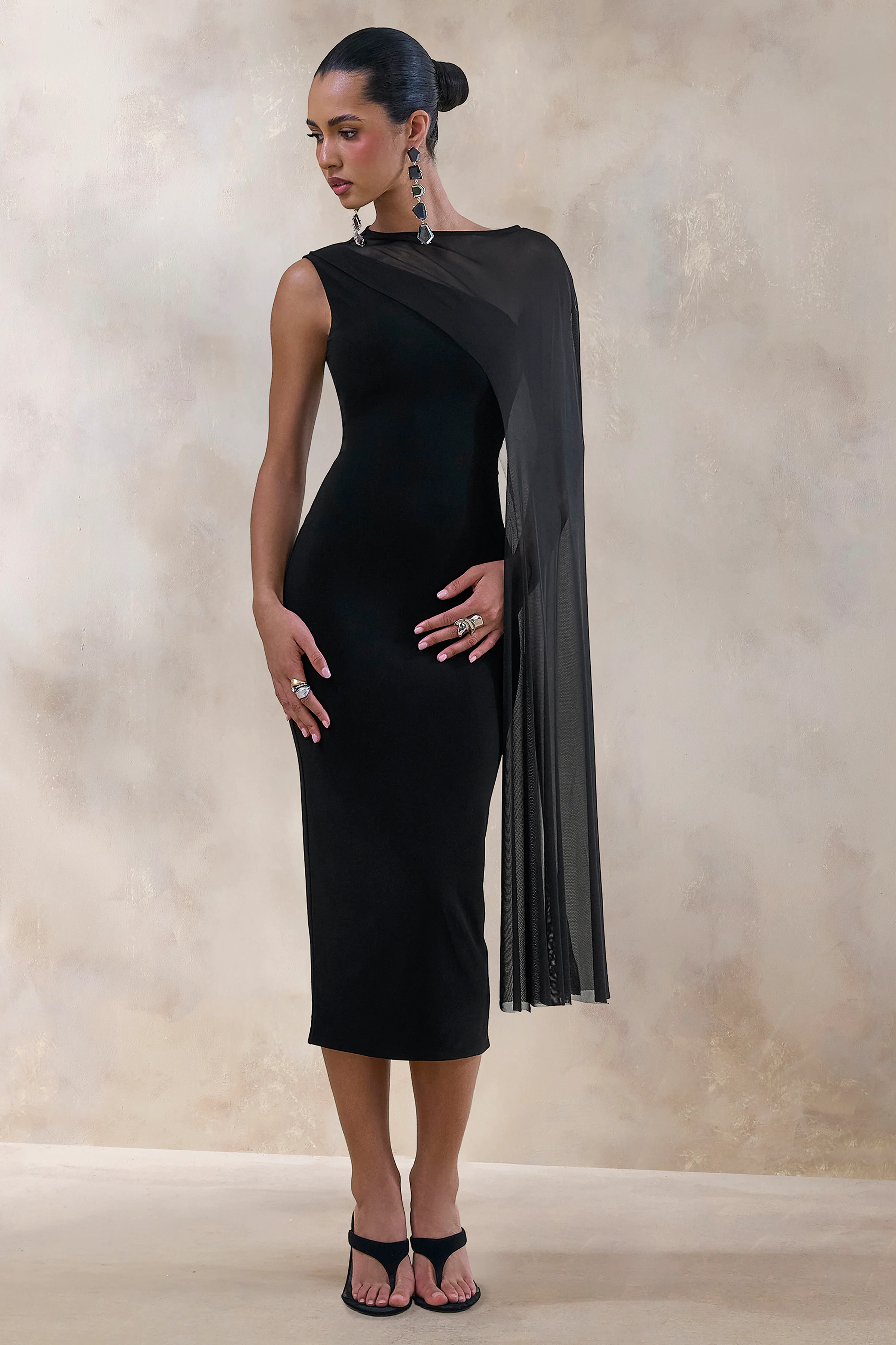 Caloria | Black Asymmetric-Neck Midi Dress With Mesh-Cape - Image 5