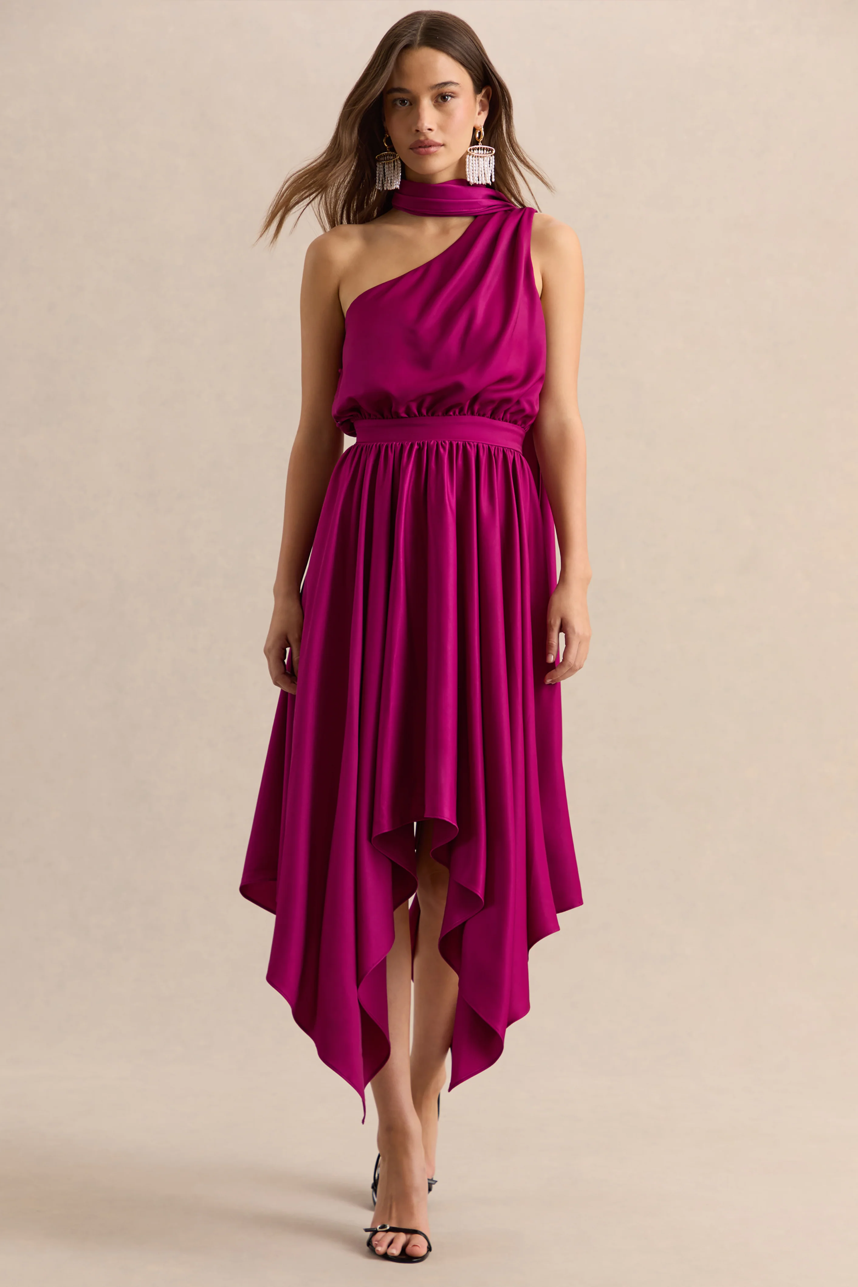 Caluna | Hot Pink Satin Asymmetric-Neck Midi Dress With Scarf-Detail