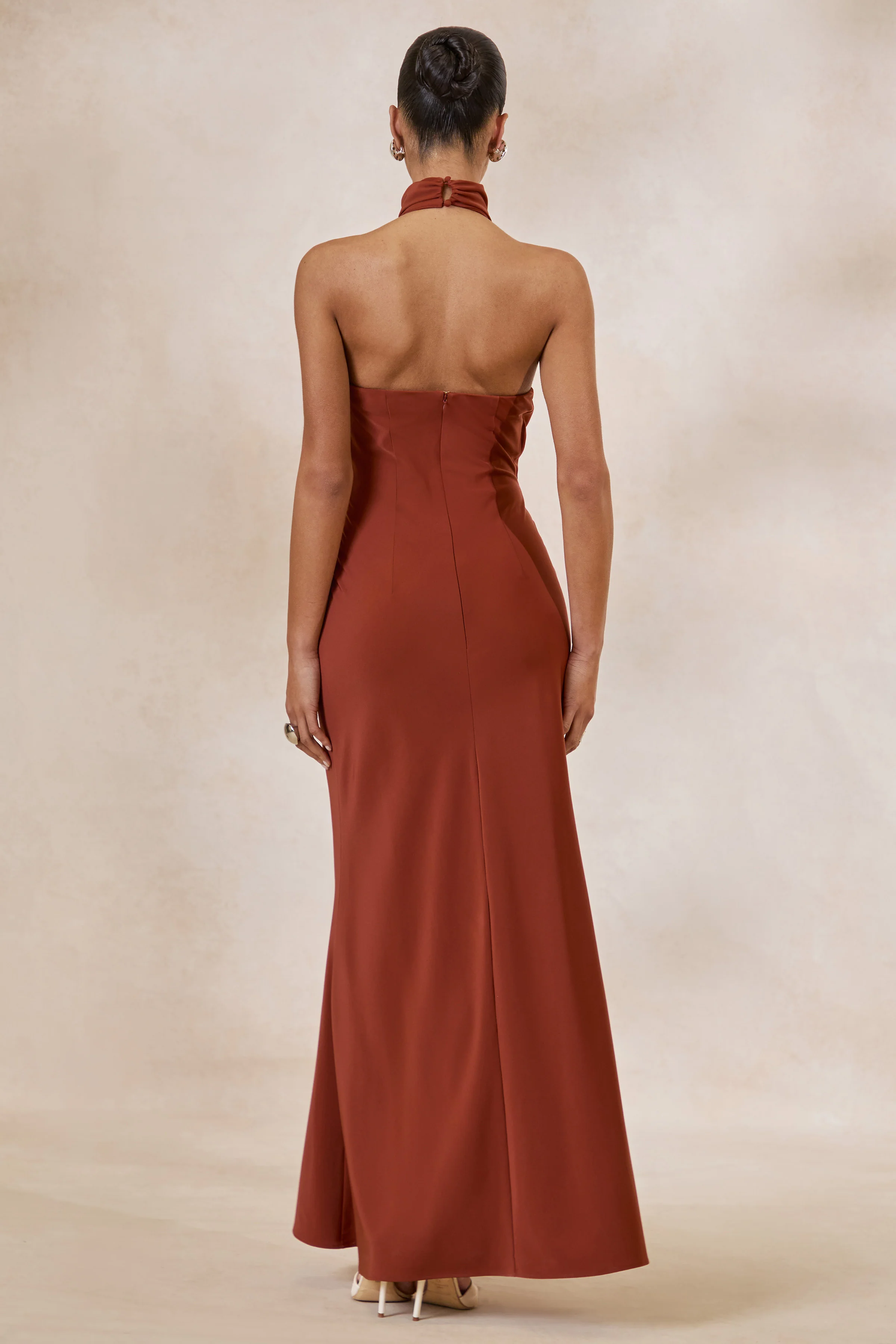 Canella | Rust Satin Halter-Neck Maxi Dress With Sash-Detail - Image 2
