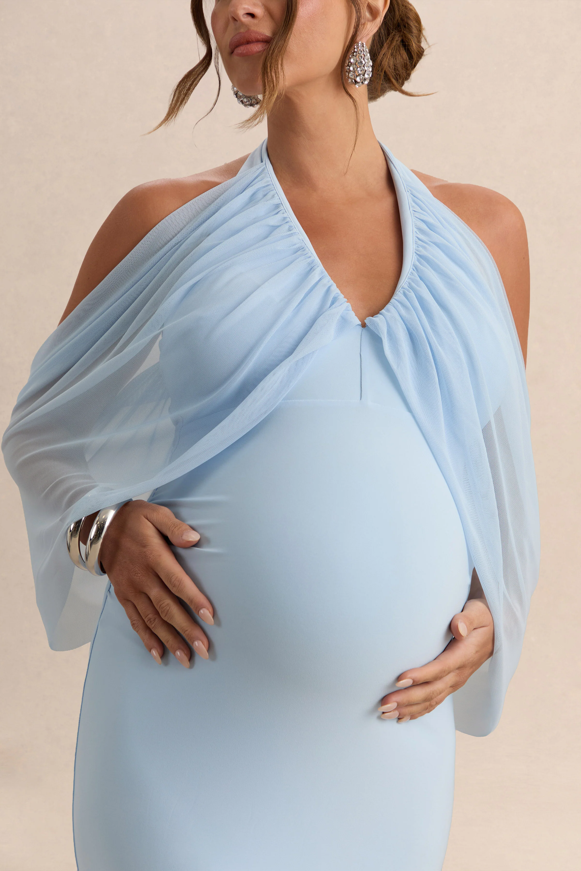 Caris | Light Blue Bardot-Neck Maternity Maxi Dress - Image 3