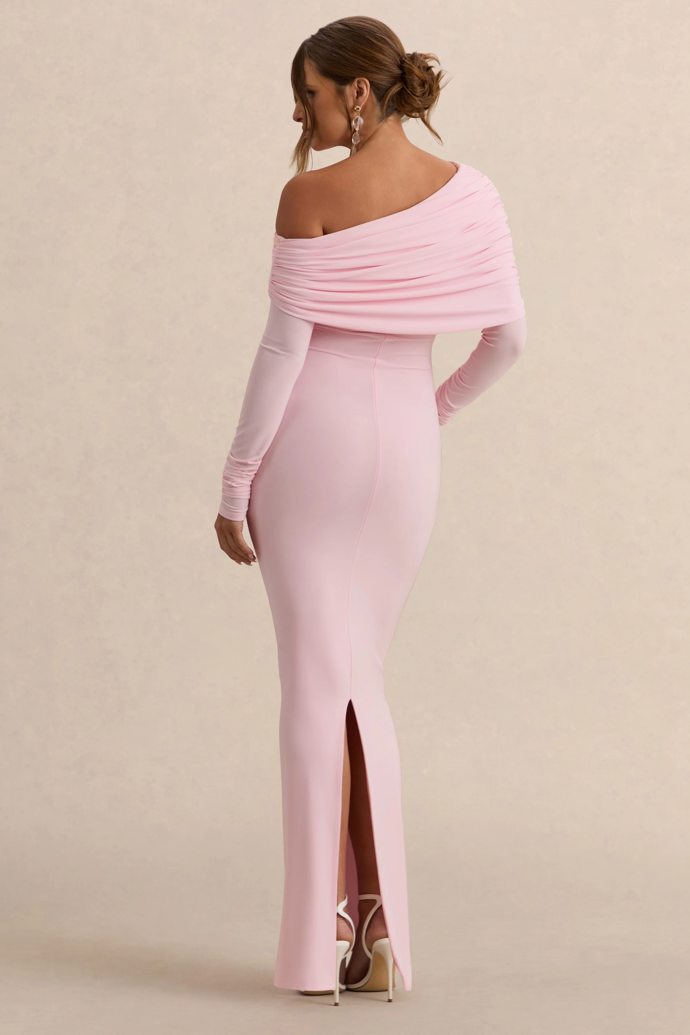 Carleigh | Light Pink Asymmetric-Neck Maternity Maxi Dress With Draped Detailing - Image 2