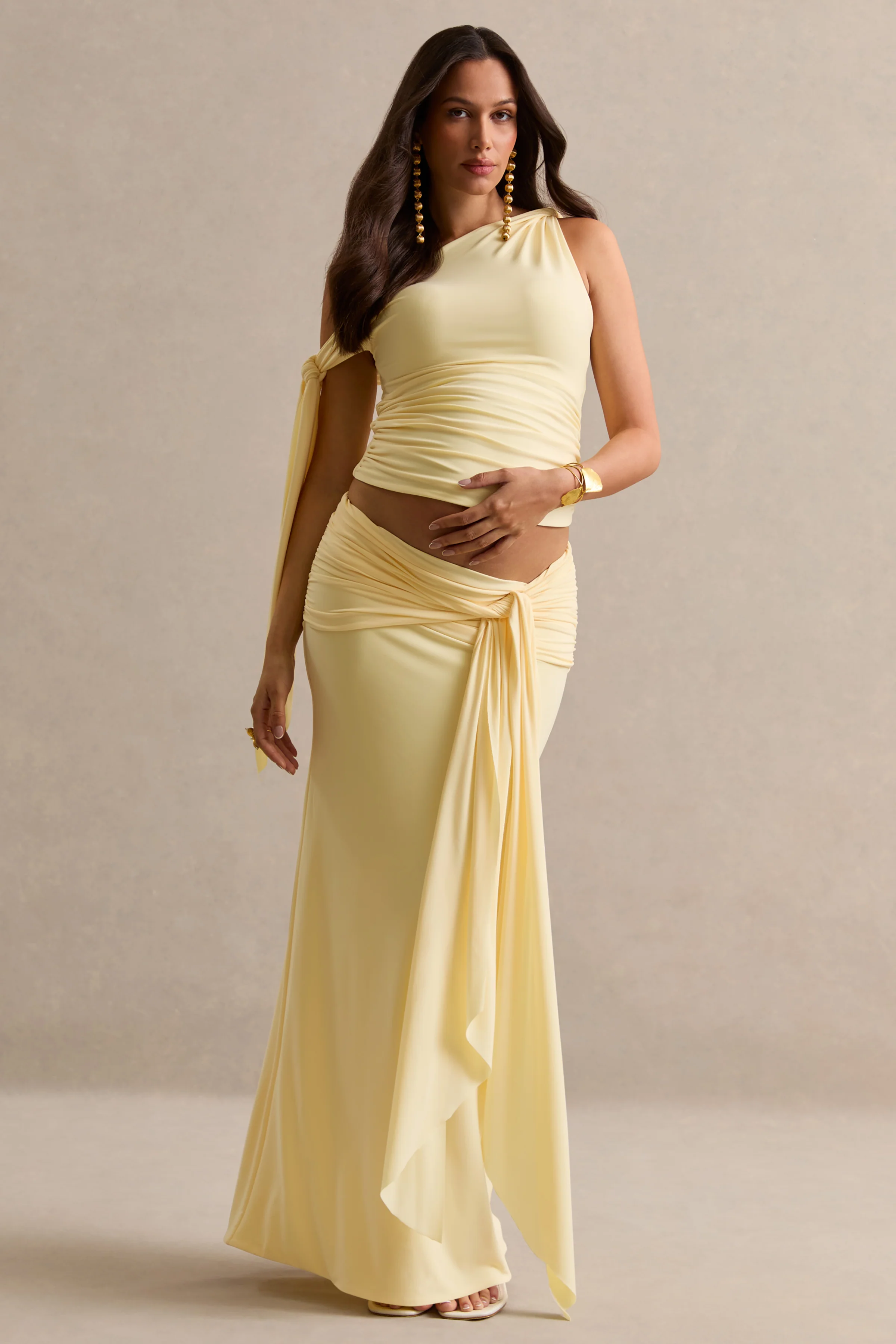 Cataleya | Lemon Maternity Low Rise Maxi Skirt With Sash Detailing - Image 4