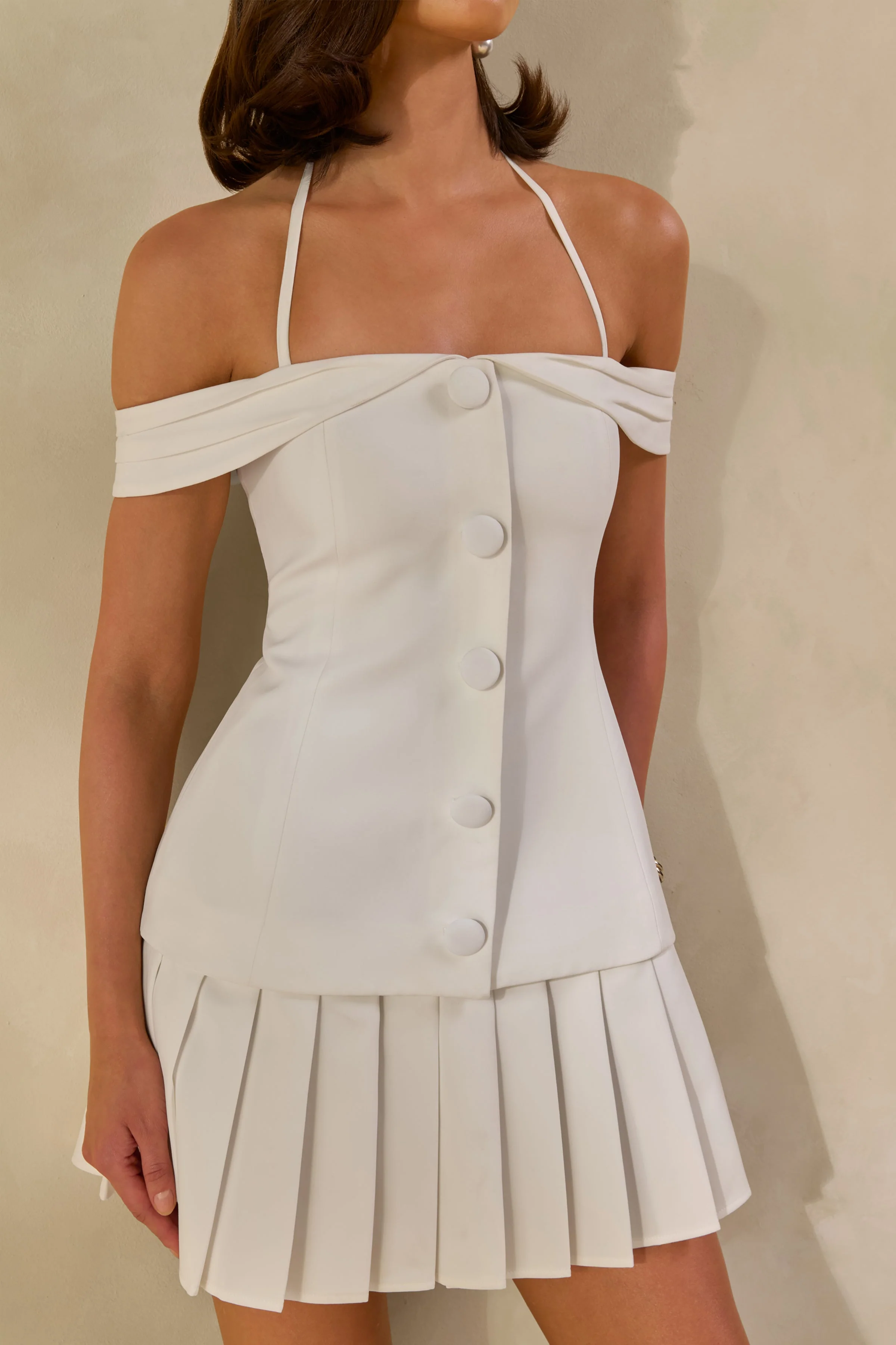 Celeta | White Bardot-Neck Mini Dress With Button-Detailing And Pleated-Hem - Image 4