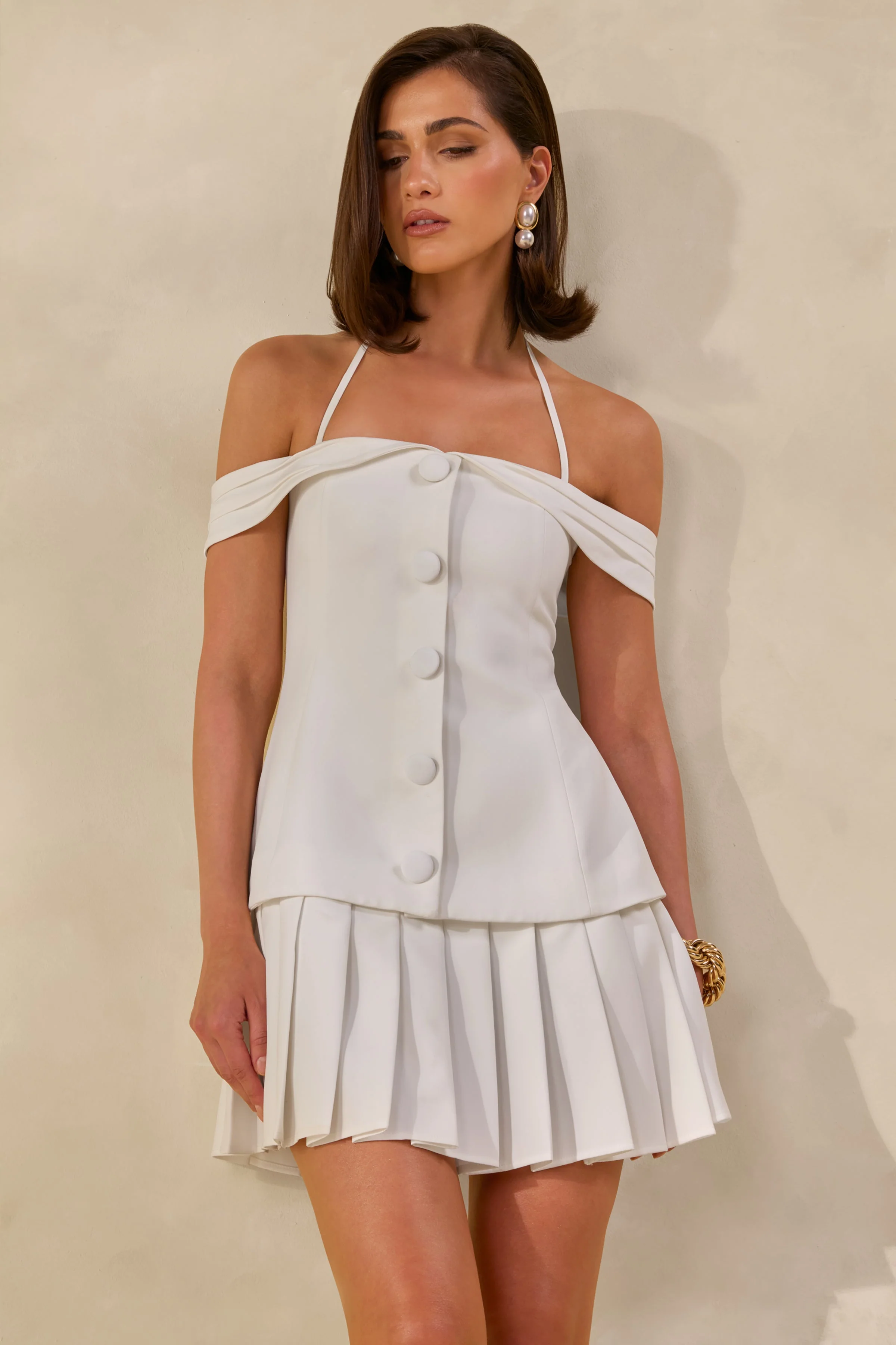 Celeta | White Bardot-Neck Mini Dress With Button-Detailing And Pleated-Hem - Image 7
