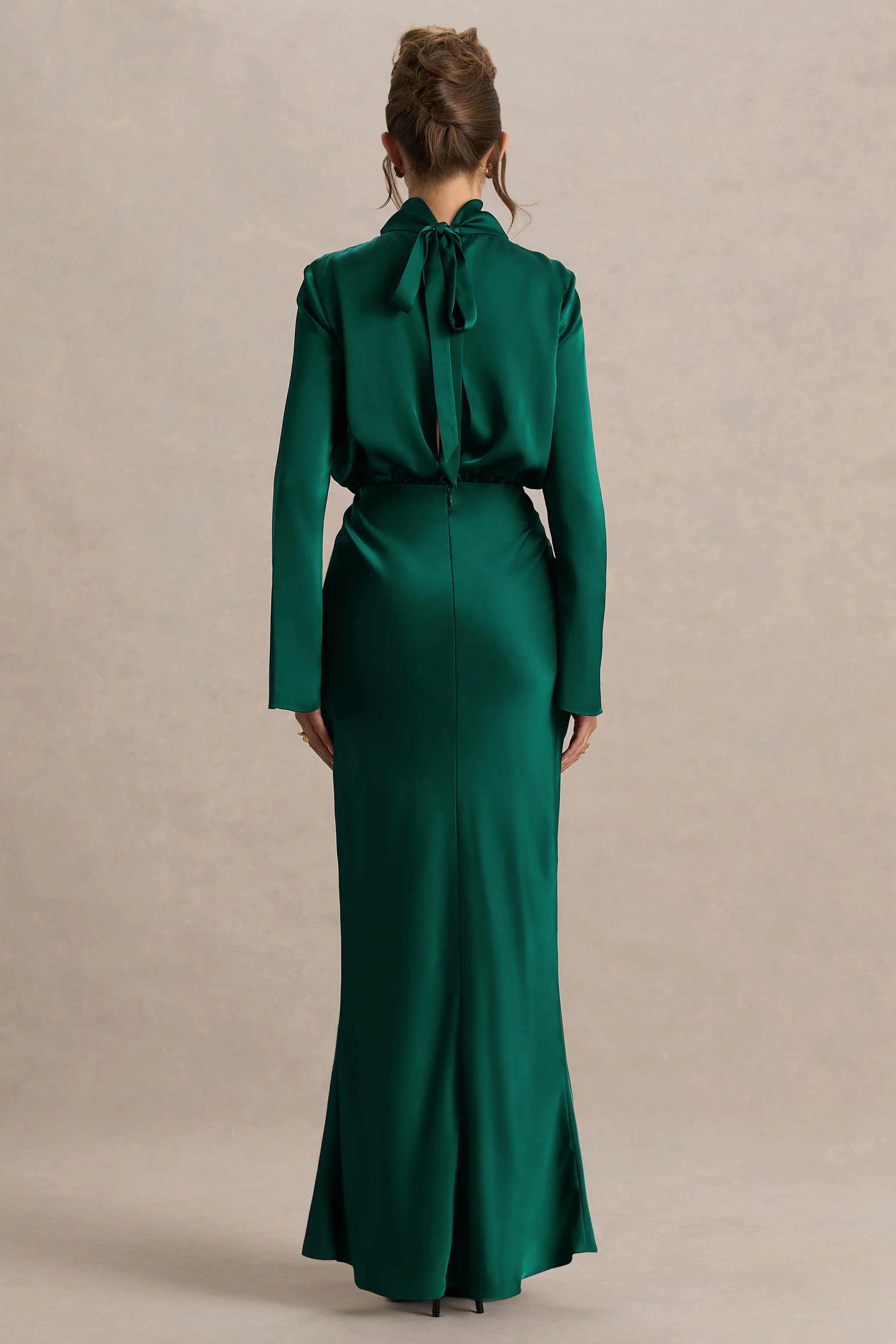 Celina | Bottle Green Satin High-Neck Maxi Dress - Image 2