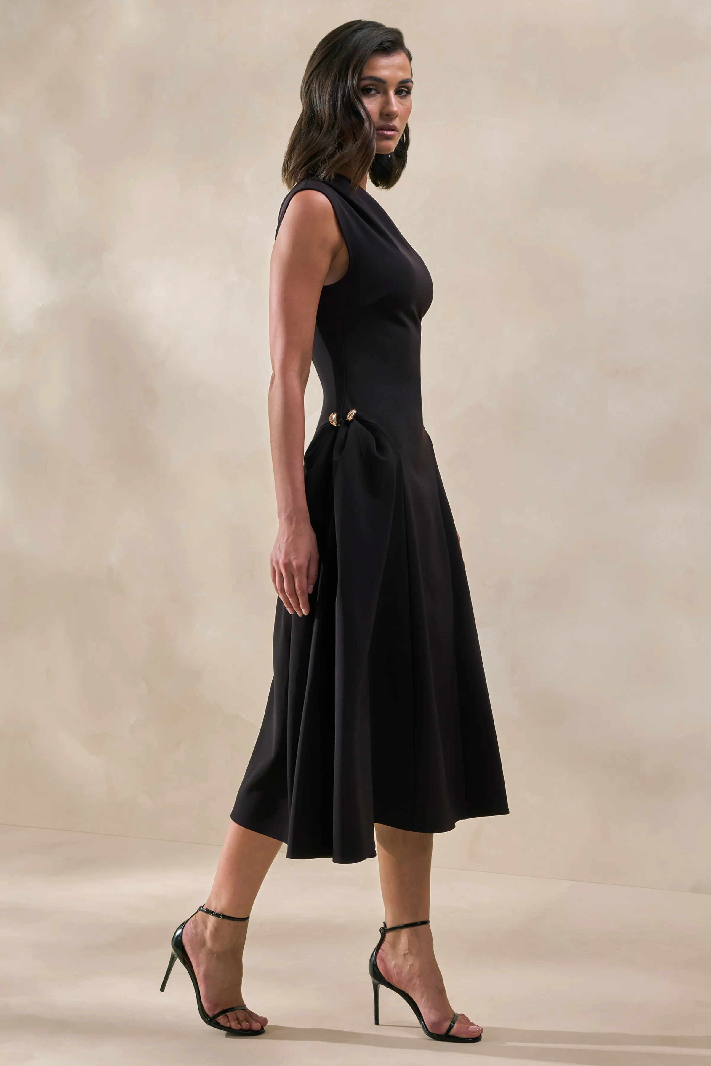 Celosia | Black Asymmetric-Neck Midi Dress With Gold-Detailing - Image 2
