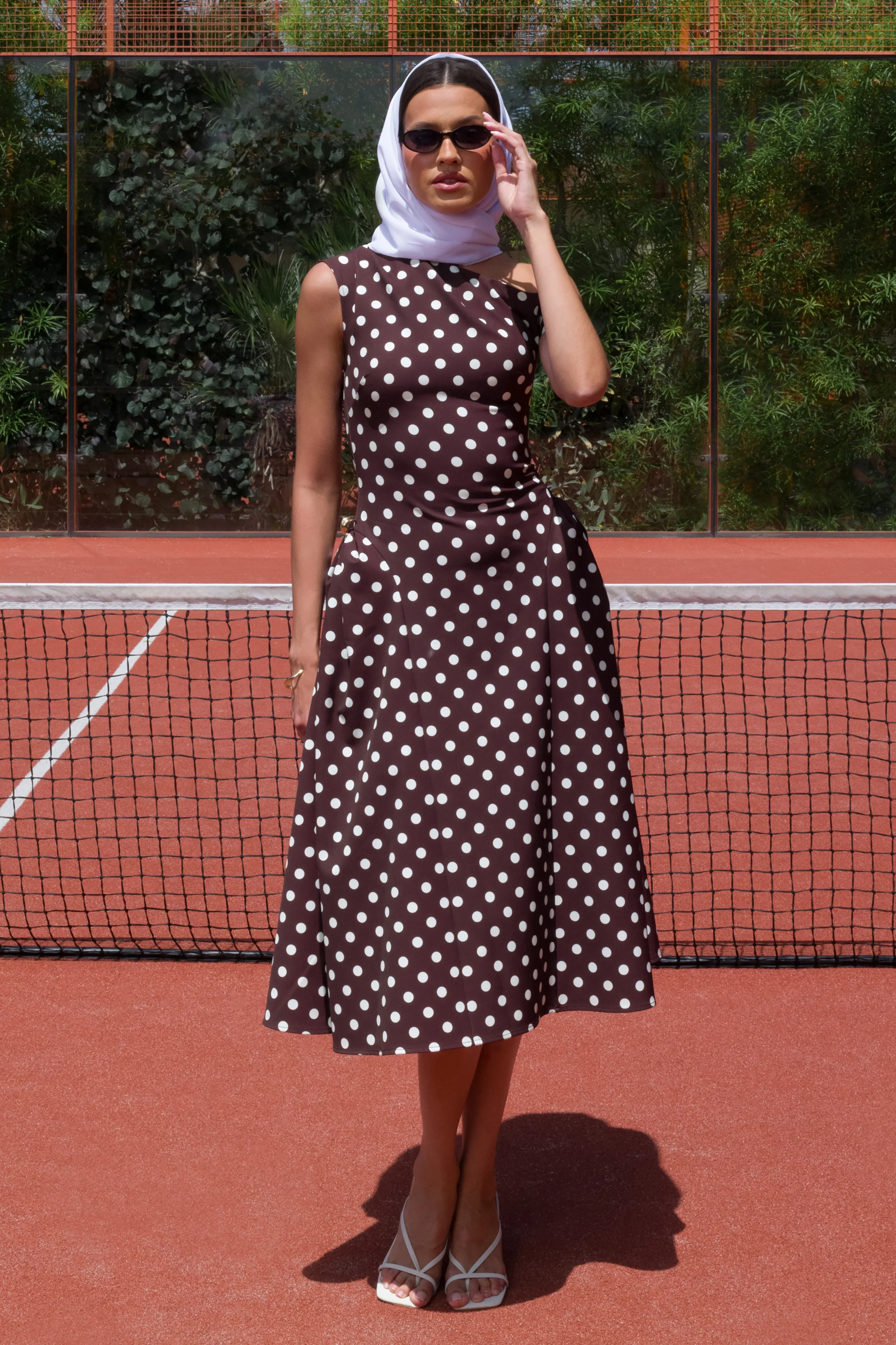 Celosia | Brown Polka-Dot Asymmetric-Neck Midi Dress With Gold-Detailing