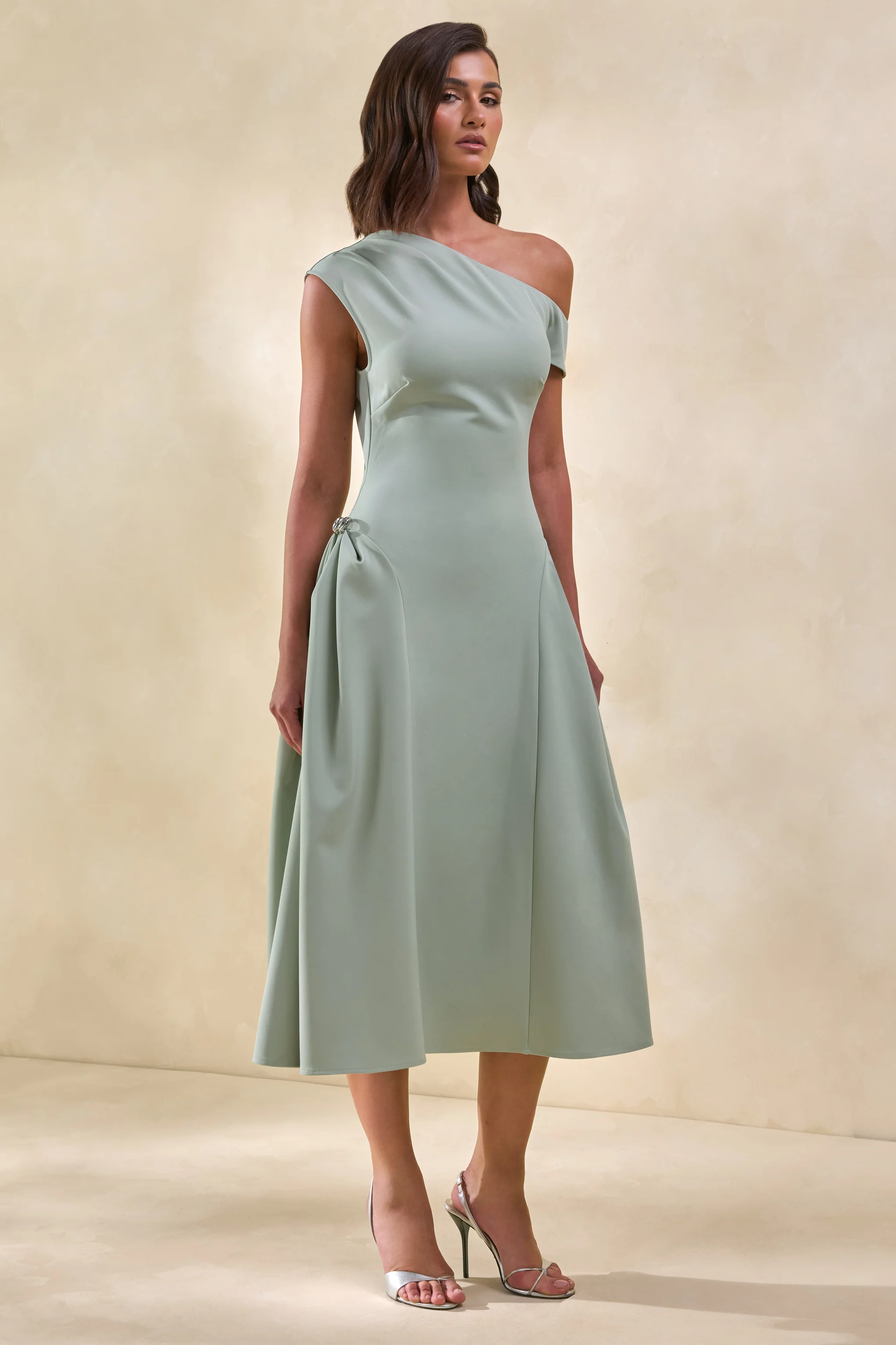 Celosia | Sage Asymmetric-Neck Midi Dress With Silver Detailing - Image 2