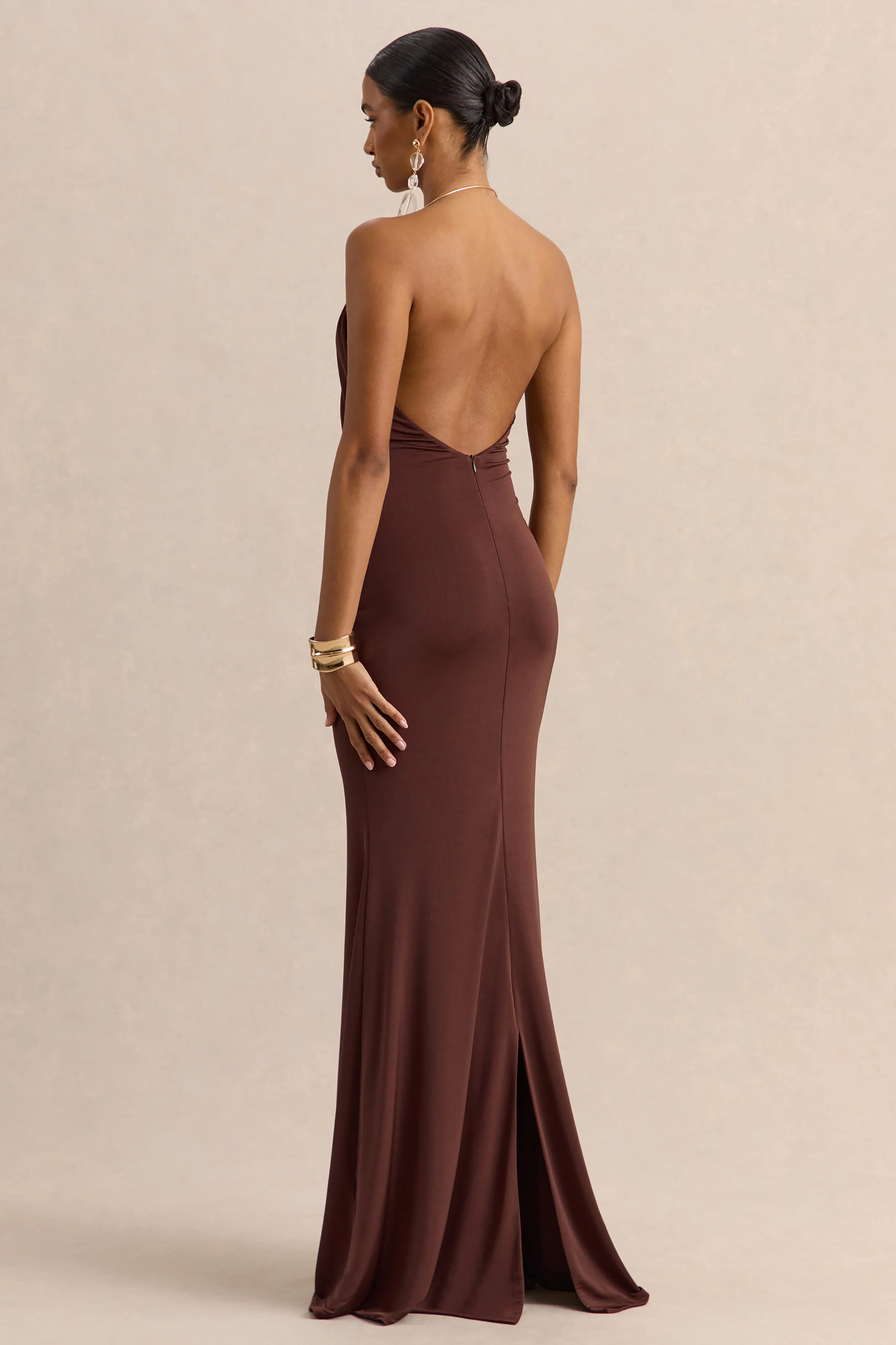 Chanterra | Brown Halter-Neck Maxi Dress With Draped-Detailing - Image 4