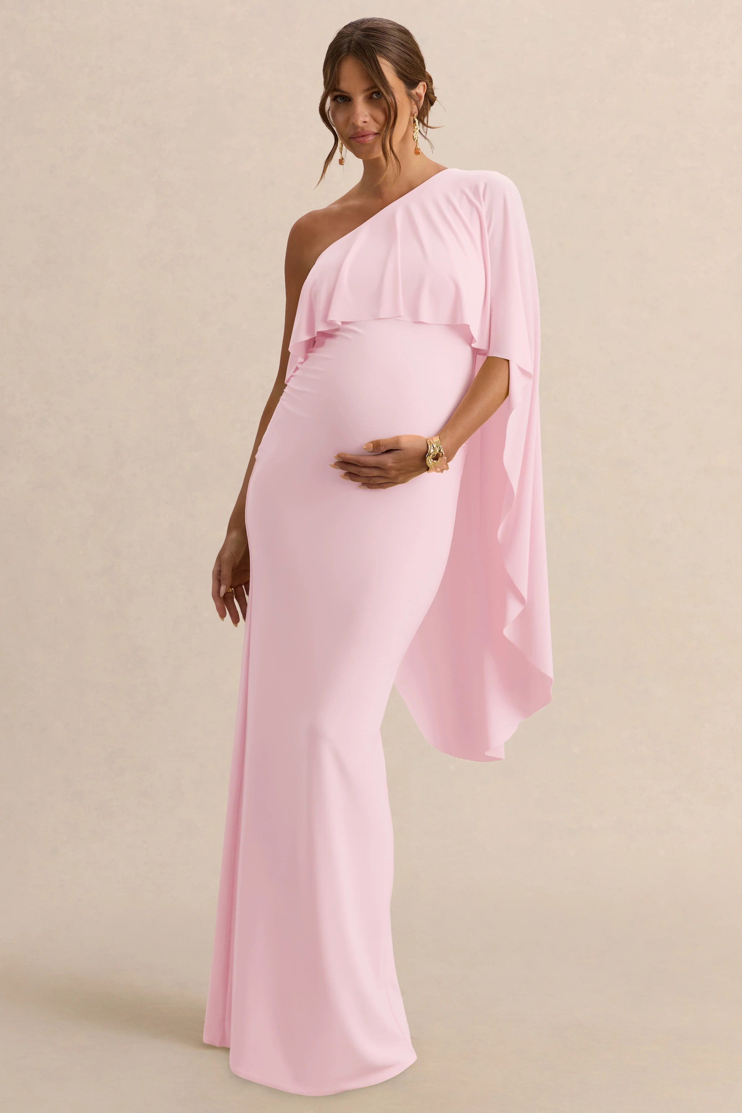 Cicely | Light Pink Asymmetric-Neck Maternity Maxi Dress With Cape Sleeve - Image 5