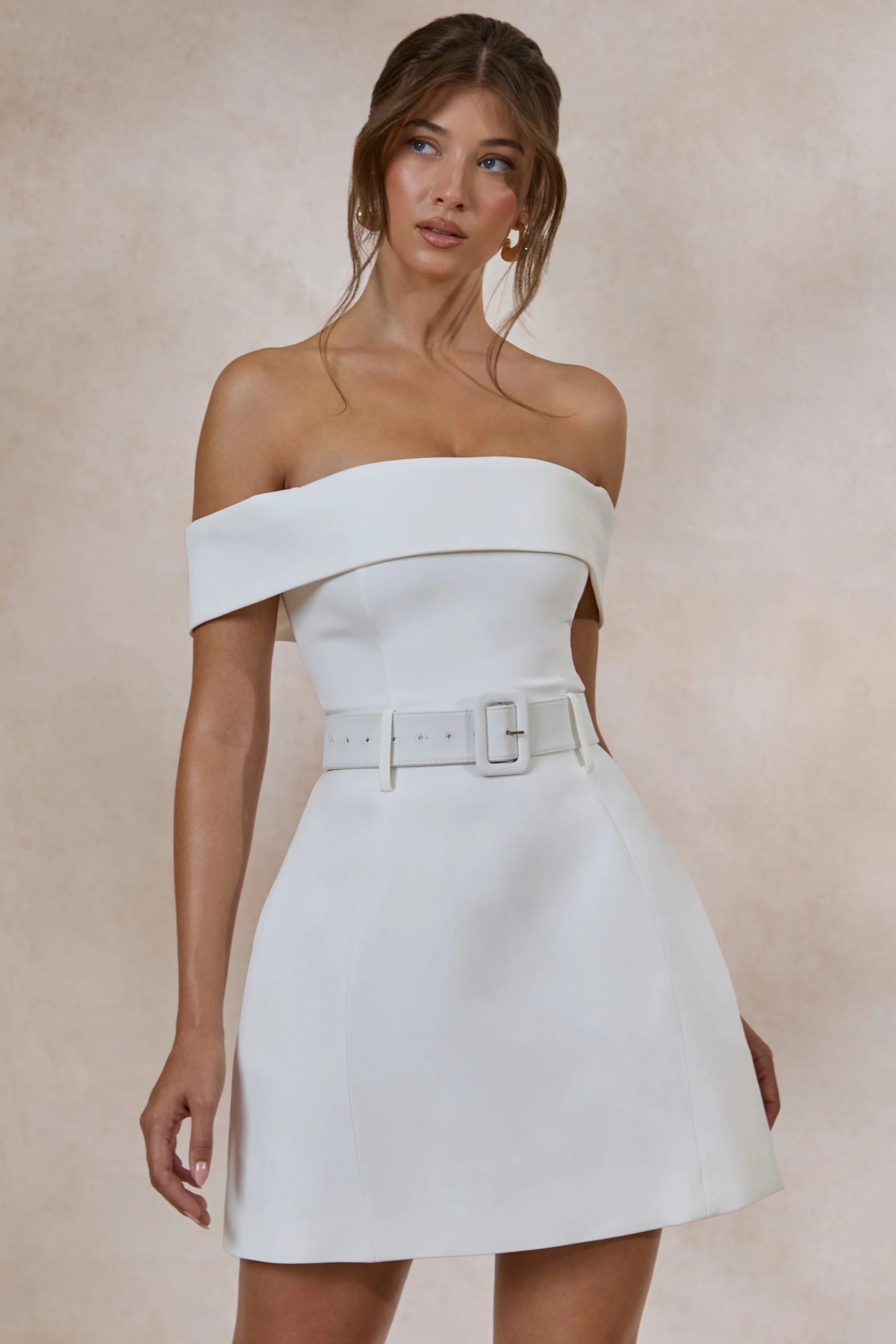 Cilly | White Bardot-Neck Mini-Dress With Belt-Detail - Image 3