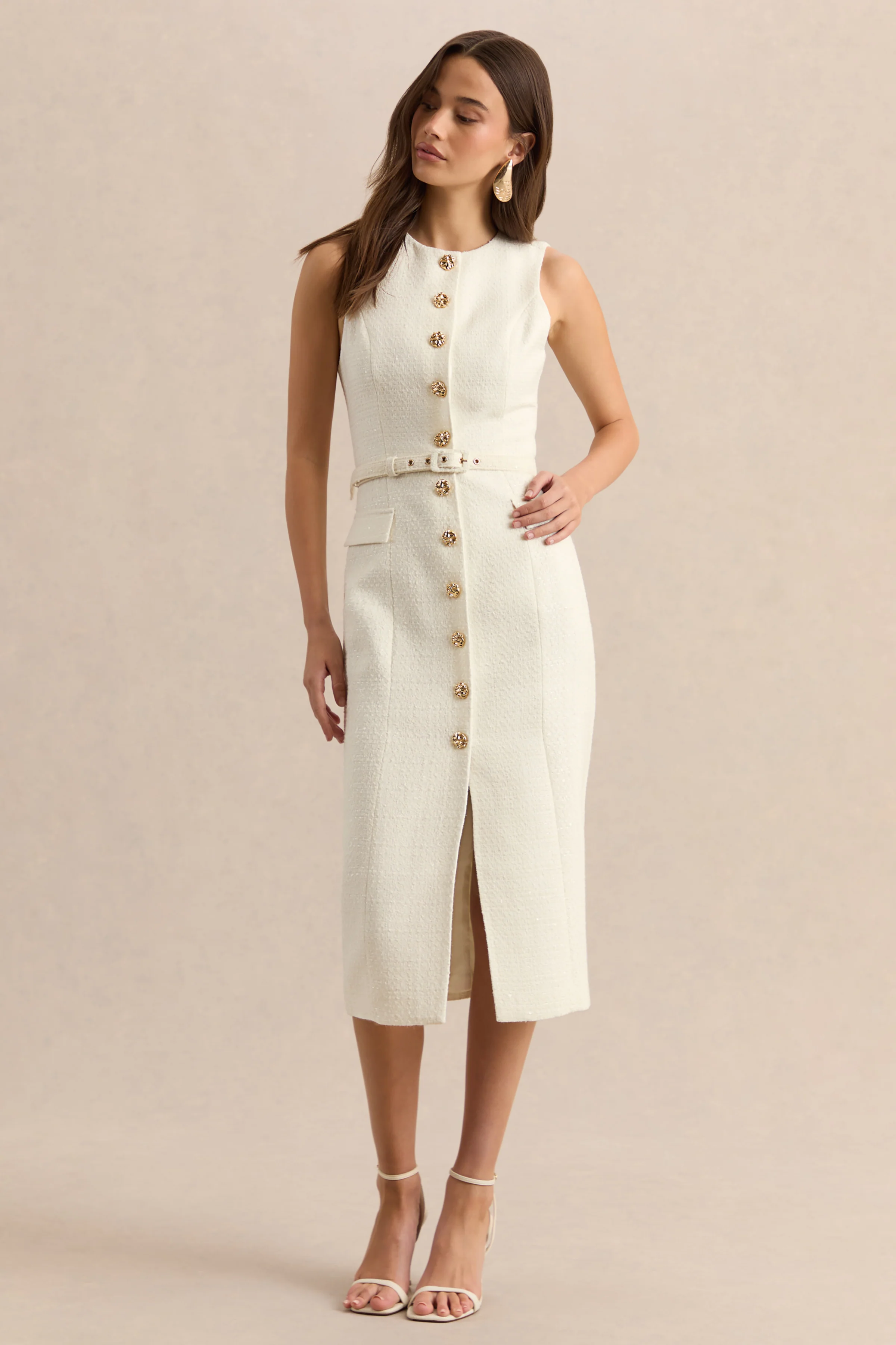 Clea | Cream Crew-Neck Belted Midi Dress With Front-Pockets - Image 5