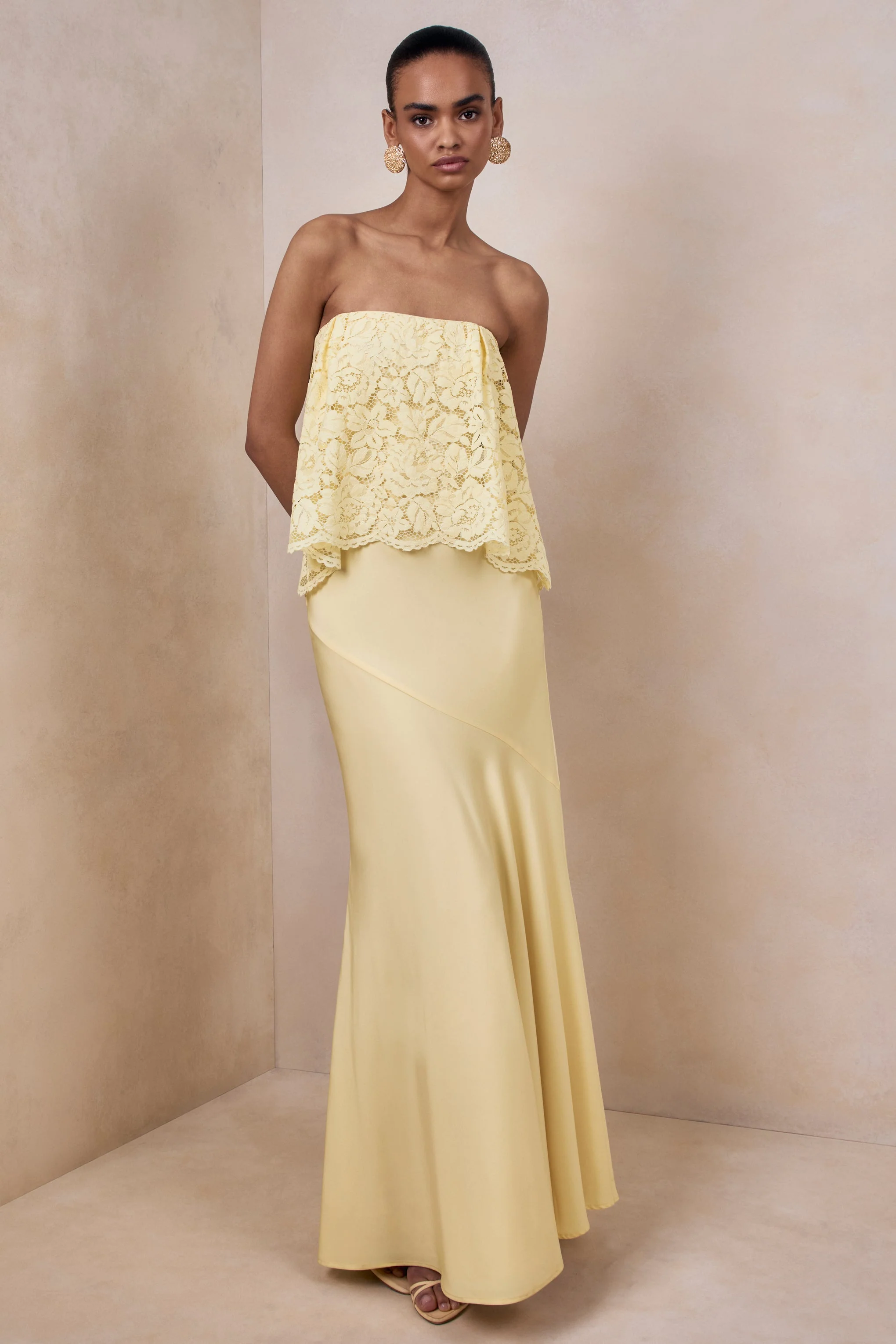 Clemency | Lemon Lace And Matte Satin Bandeau Maxi Dress - Image 6