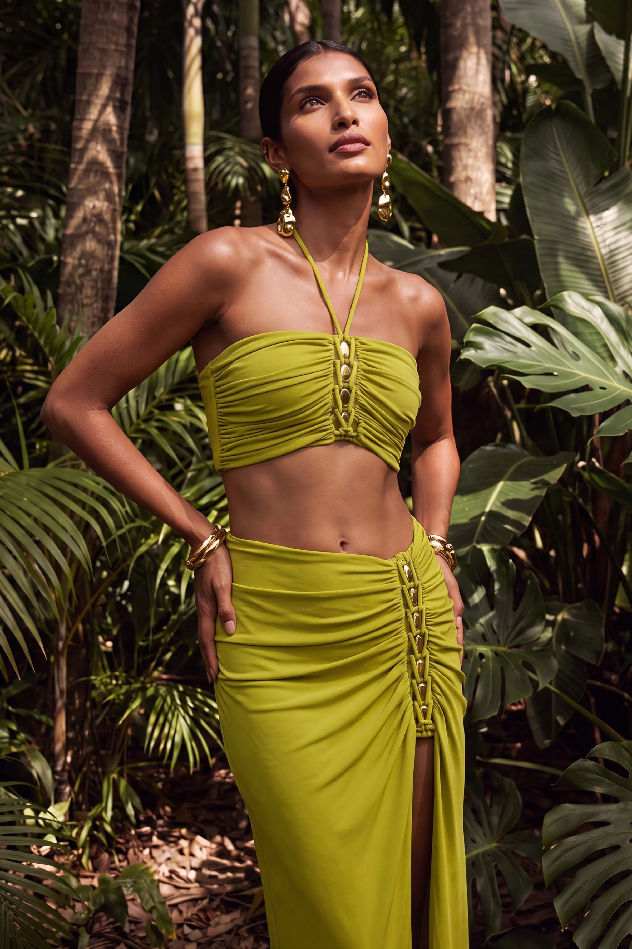 Coastline | Green Ruched Maxi Skirt With Split
