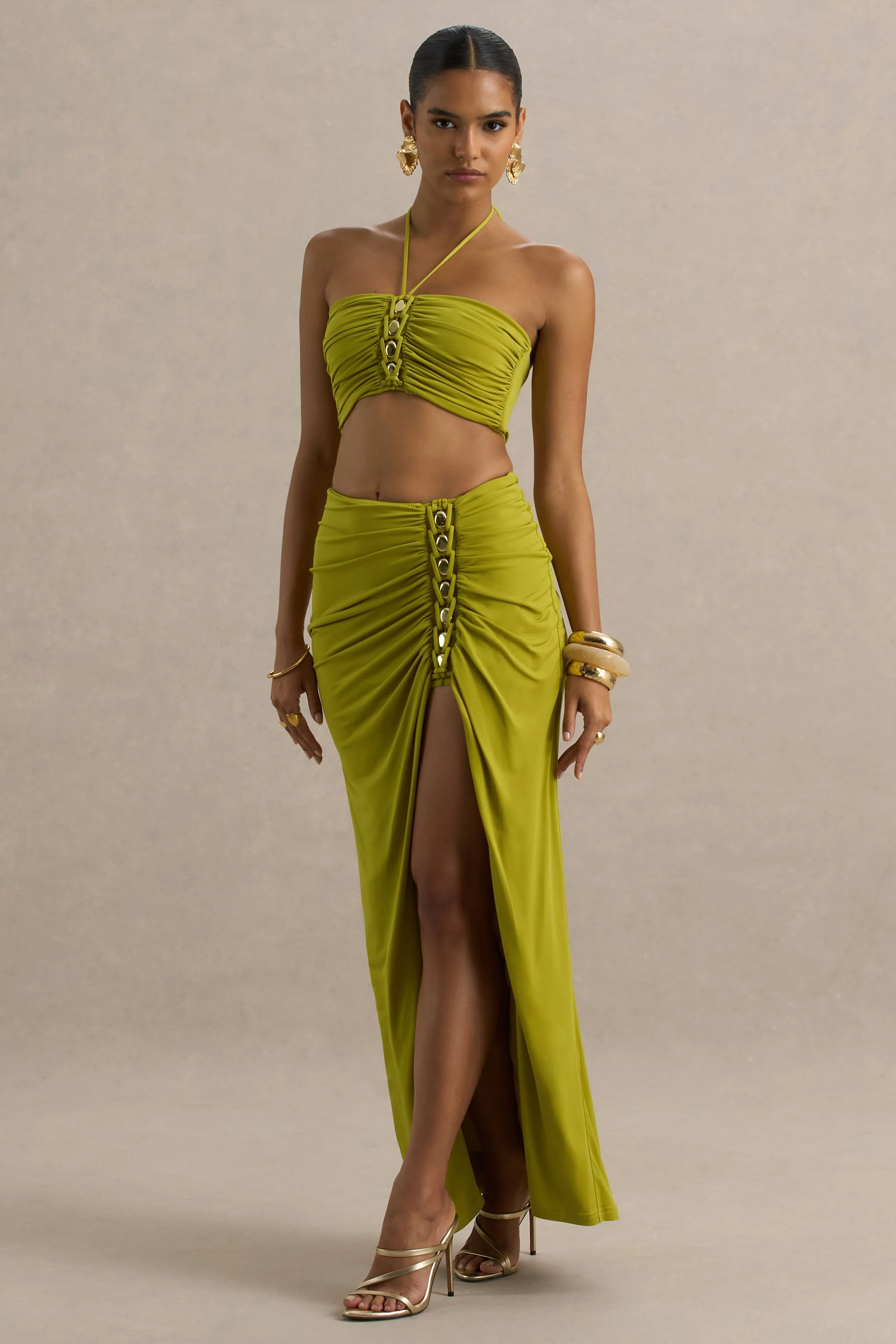 Coastline | Green Ruched Maxi Skirt With Split - Image 5
