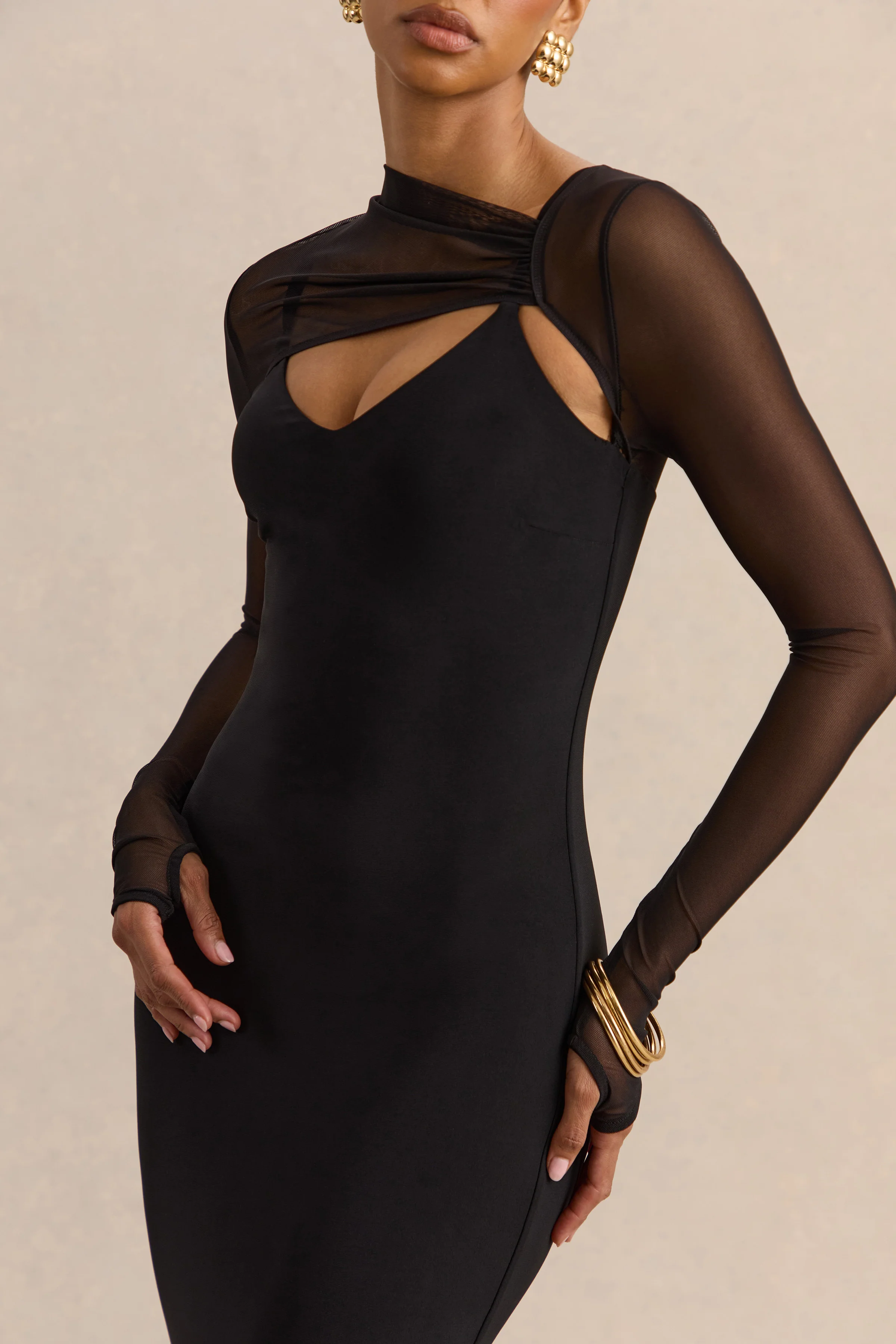 Coralia | Black Asymmetric-Neck Maxi Dress With Mesh Long-Sleeves - Image 7