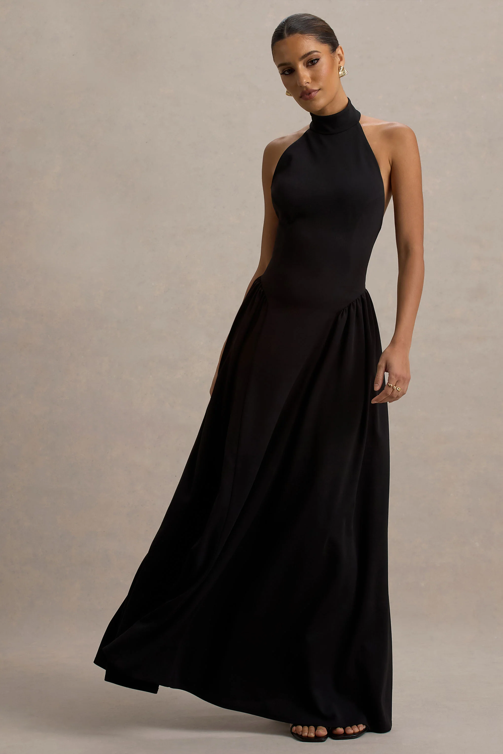 Cynthia | Black High-Neck Maxi Dress With Volume Skirt - Image 5