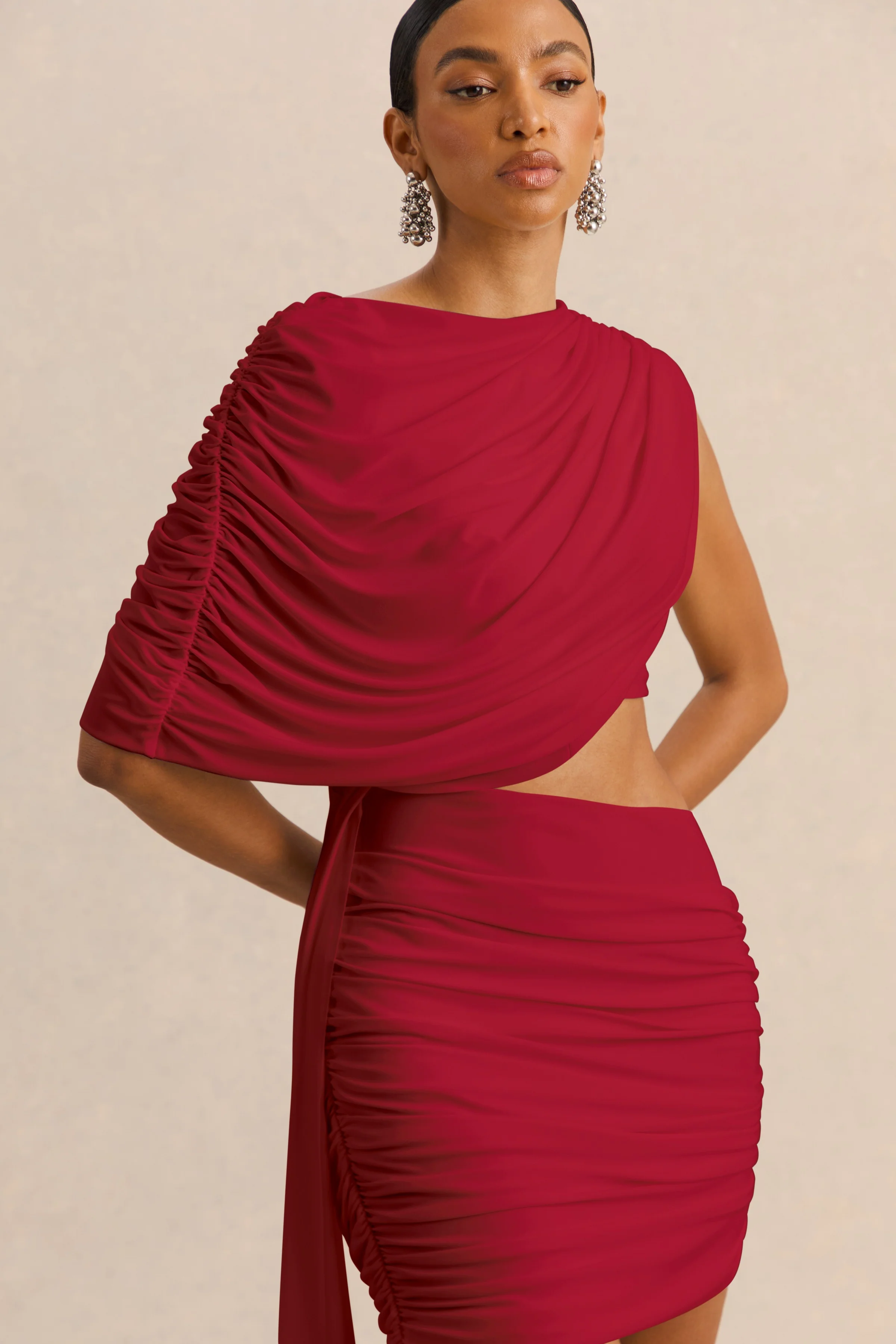 Danellia | Red Asymmetric-Neck Mini Dress With Cut-Out Detail And Sash - Image 3