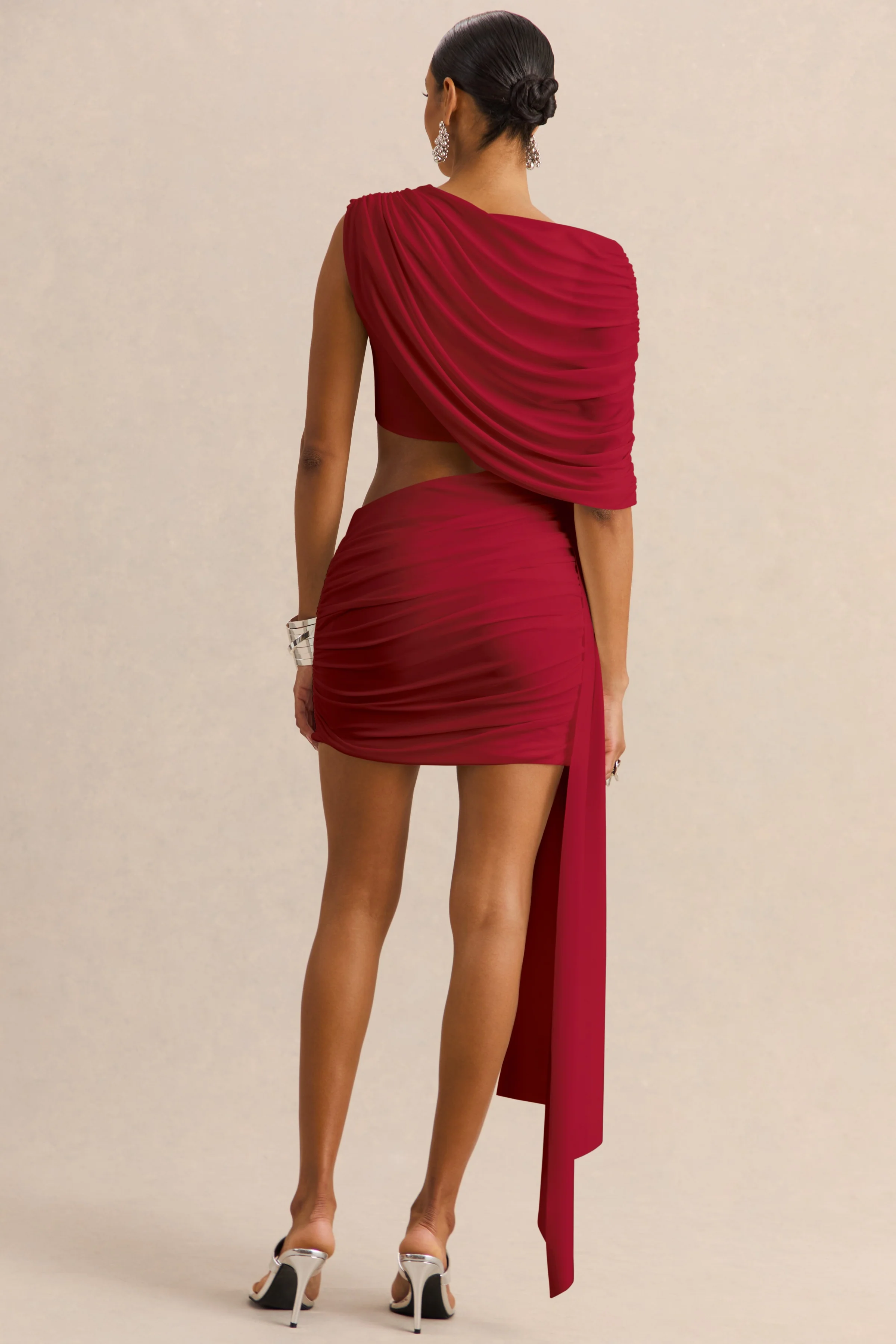 Danellia | Red Asymmetric-Neck Mini Dress With Cut-Out Detail And Sash - Image 5
