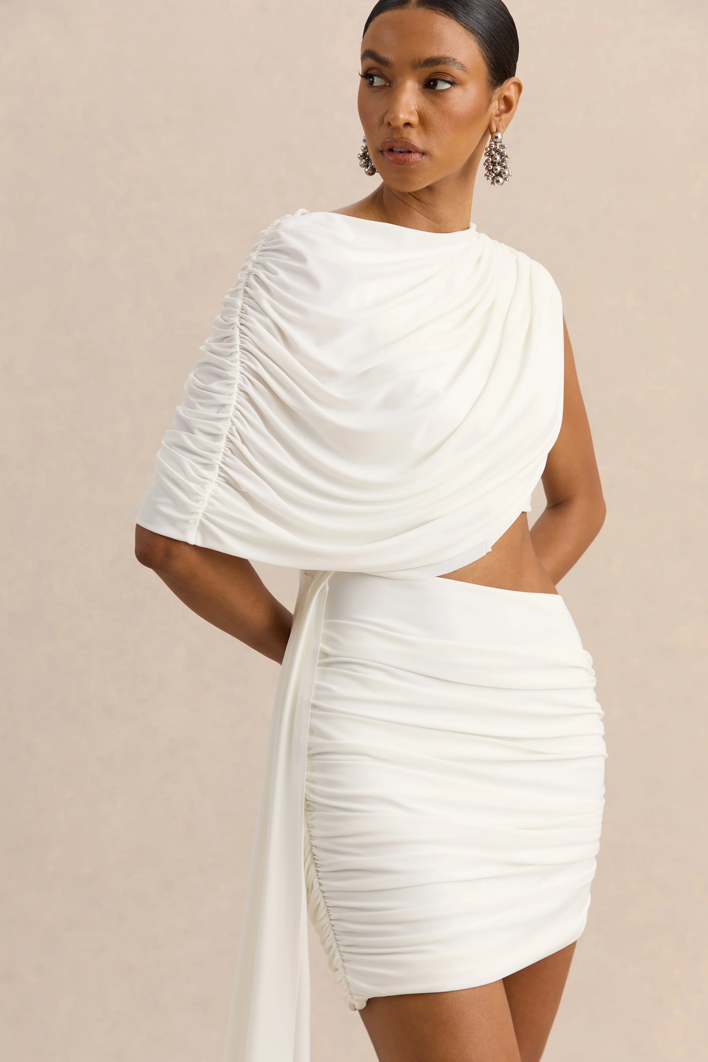 Danellia | White Round-Neck Mini Dress With Cut-Out Detail And Sash - Image 3