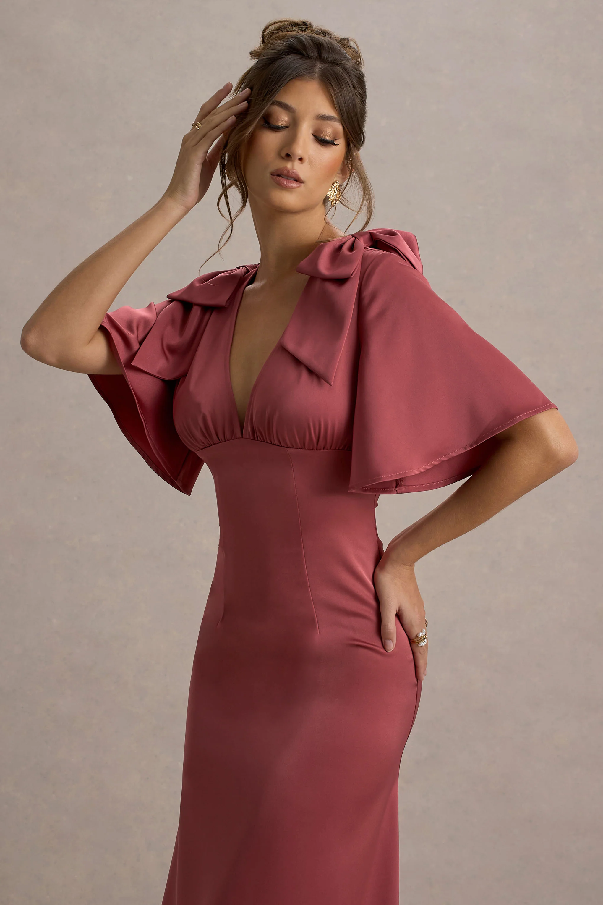 Danna | Rose Pink Satin V-Neck Short-Sleeve Midi Dress - Image 5