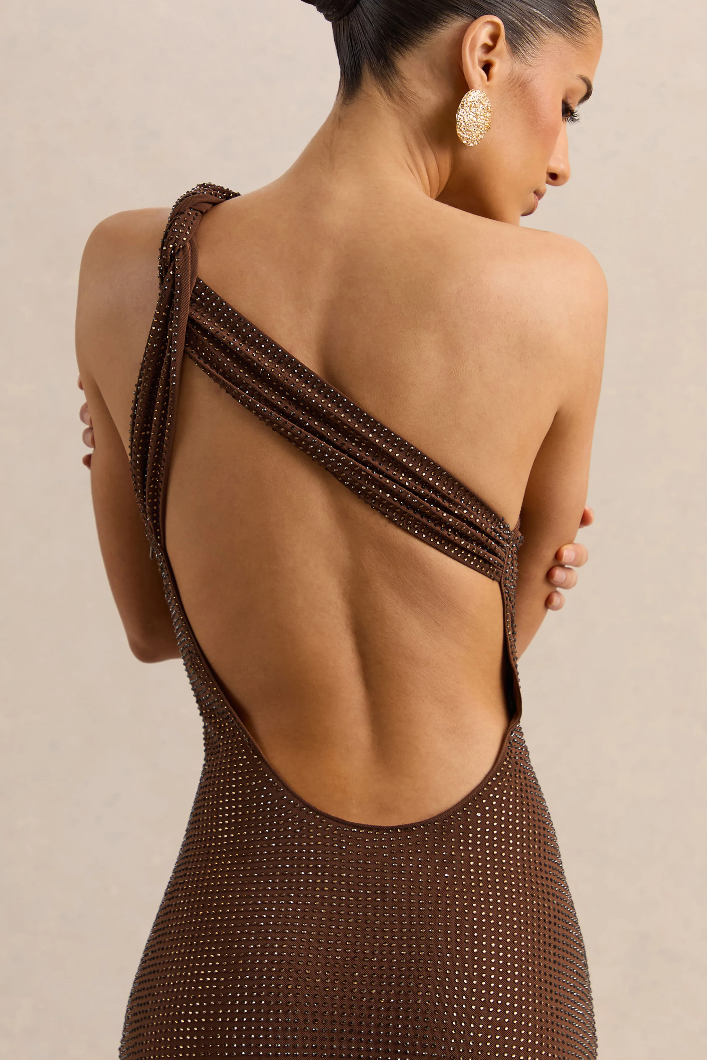 Deity | Brown Hotfix Asymmetric-Neck Maxi Dress With Open-Back - Image 3