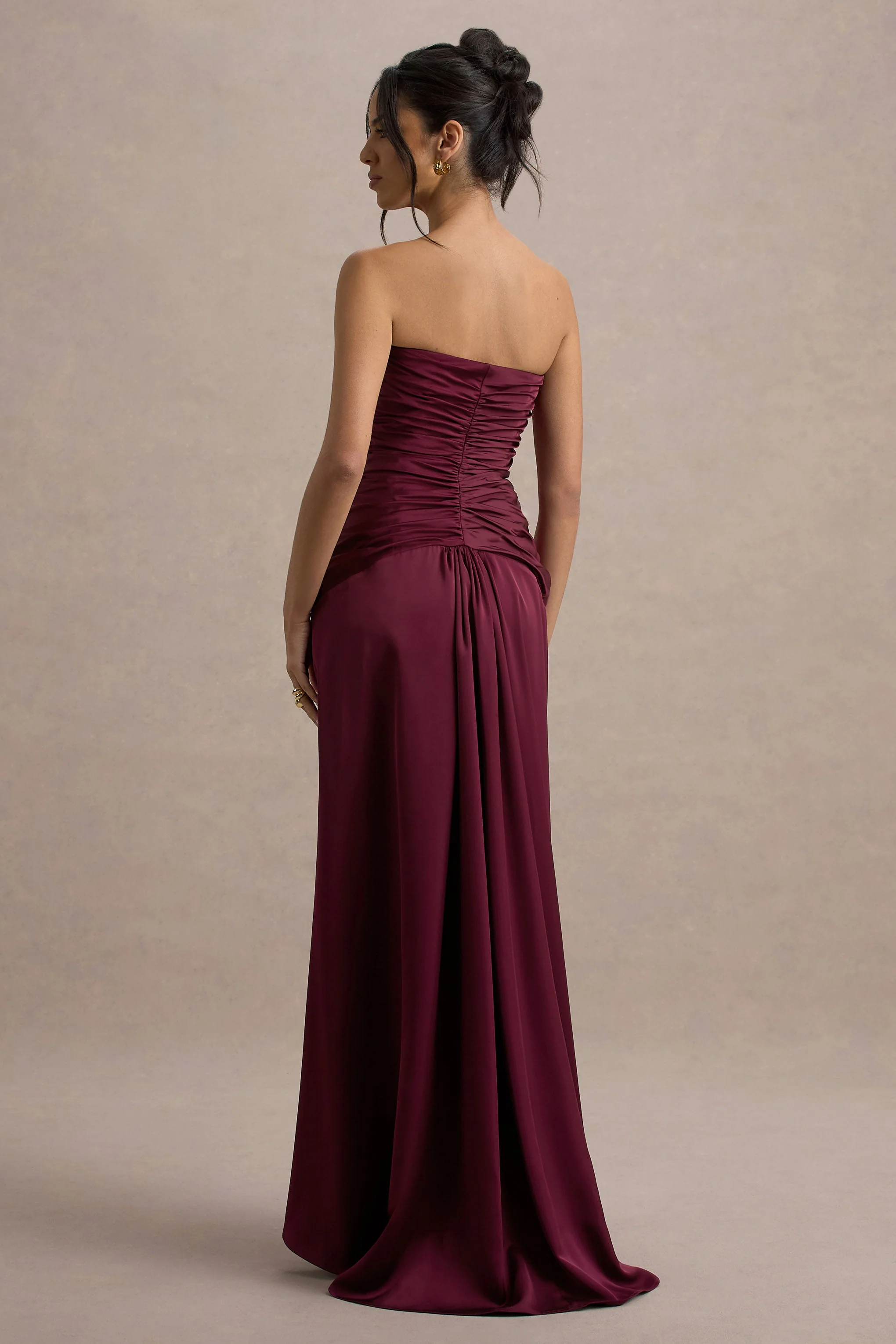 Desirie | Burgundy Satin Sweetheart Gathered Maxi Dress - Image 2