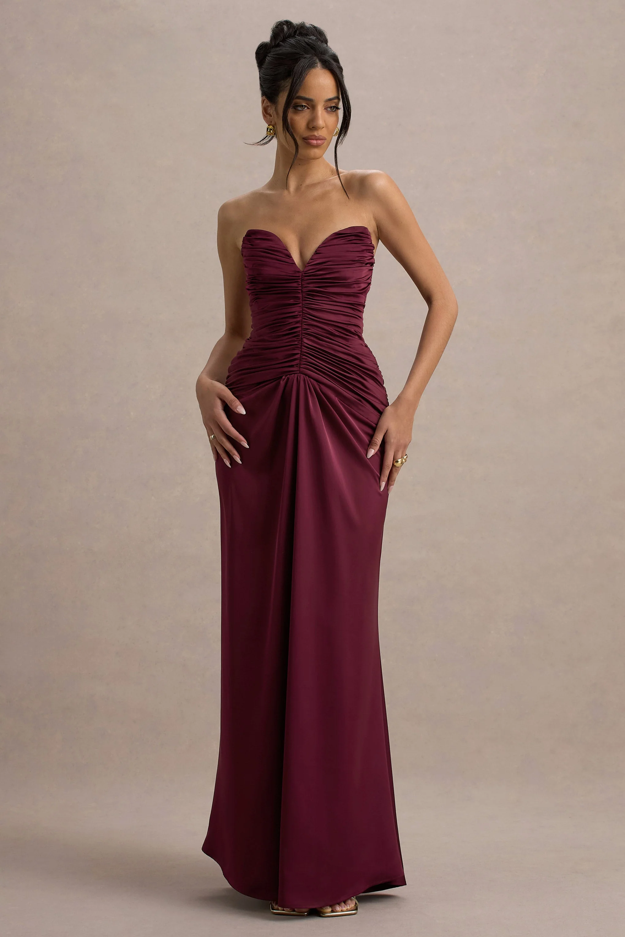 Desirie | Burgundy Satin Sweetheart Gathered Maxi Dress - Image 4