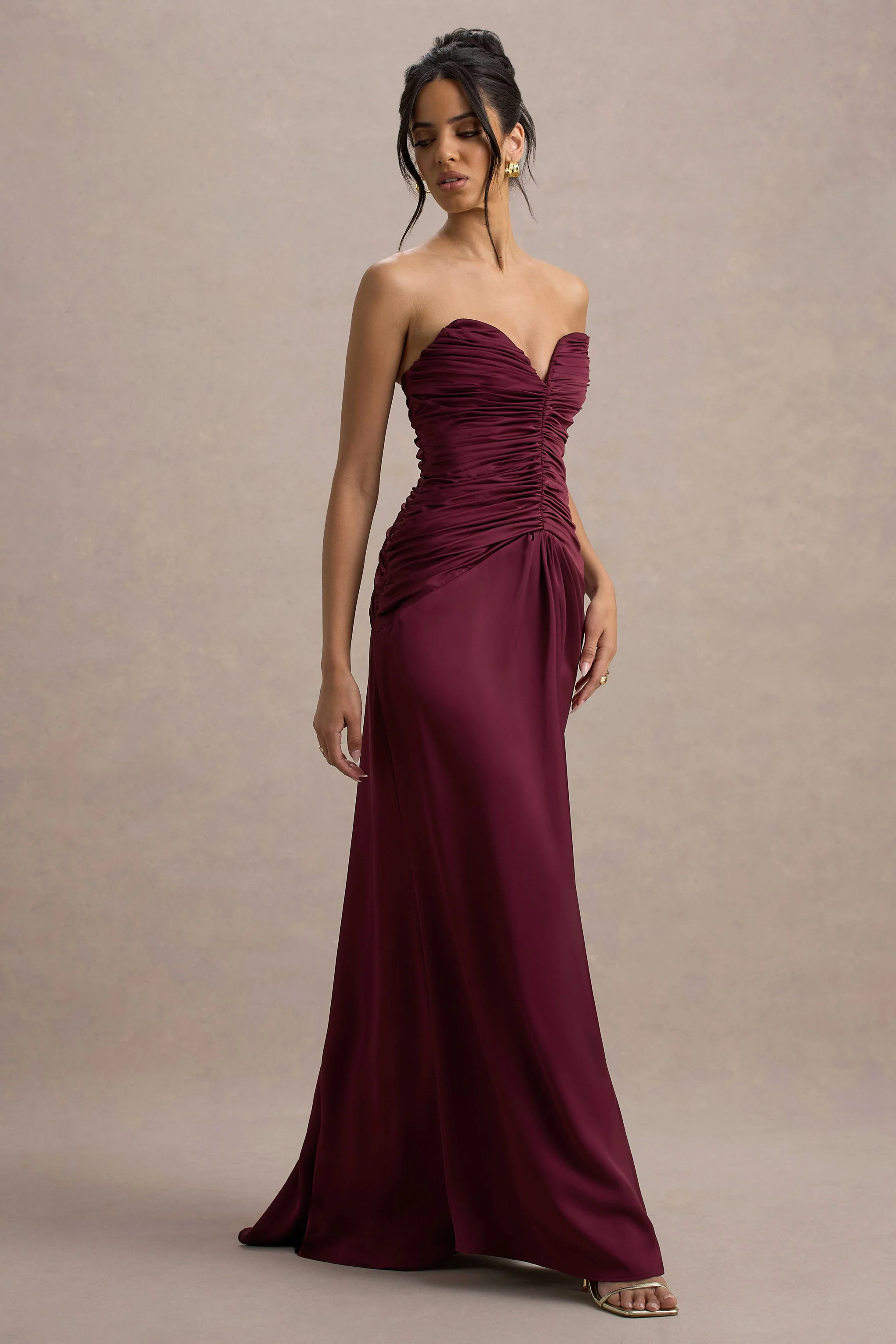 Desirie | Burgundy Satin Sweetheart Gathered Maxi Dress - Image 5