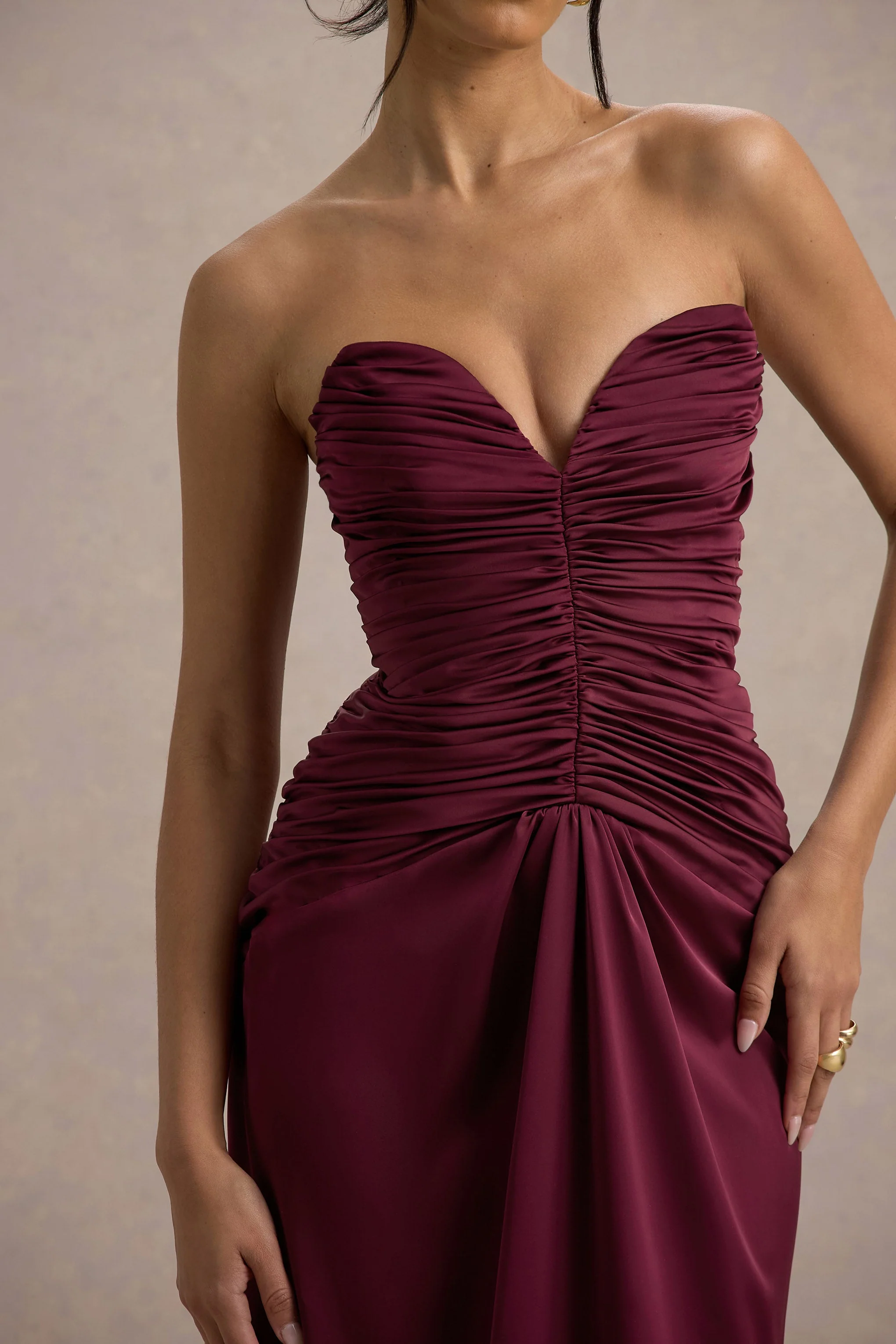 Desirie | Burgundy Satin Sweetheart Gathered Maxi Dress - Image 6