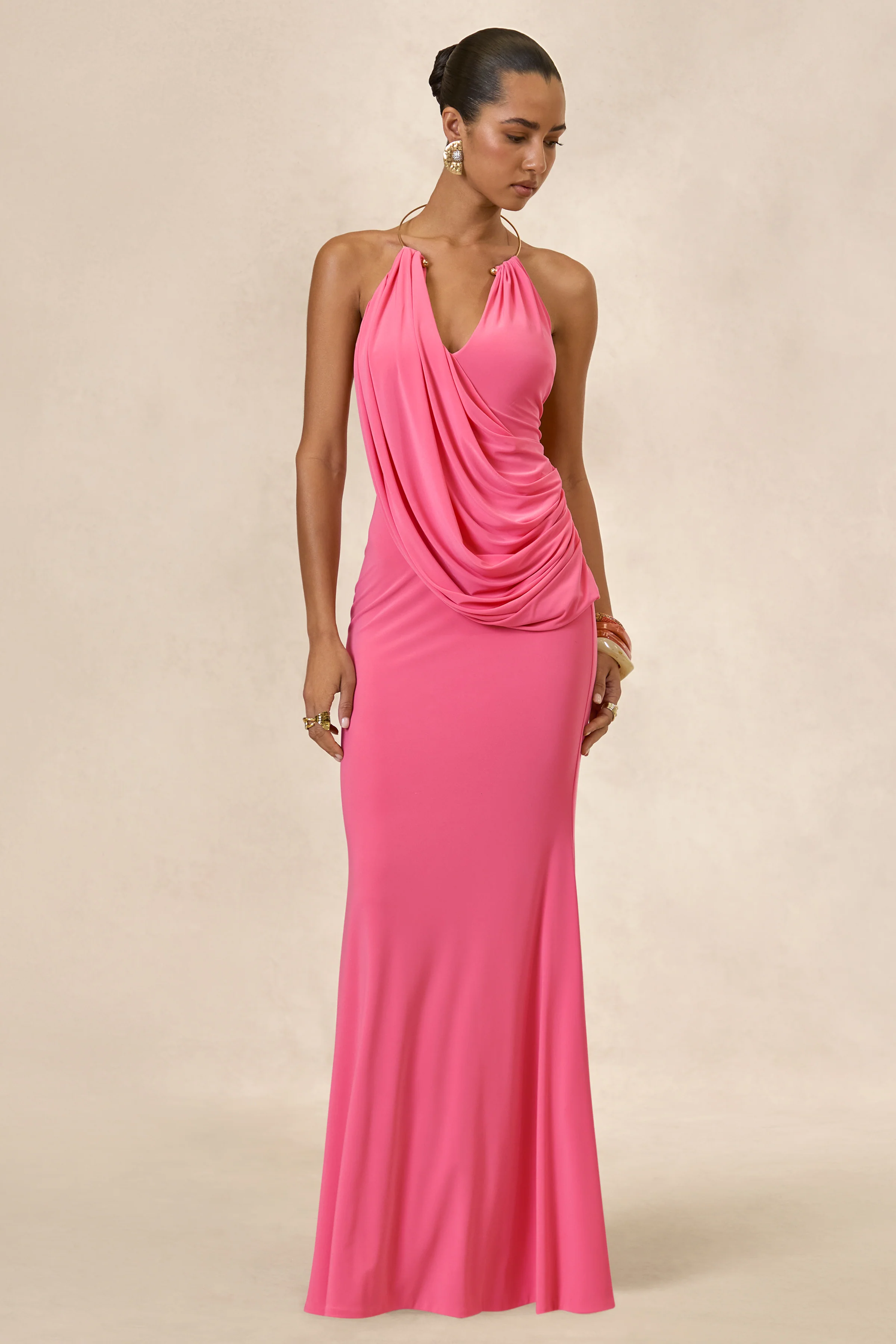 Dinara | Coral Halter-Neck Maxi Dress With Draped Detailing And Gold Detail