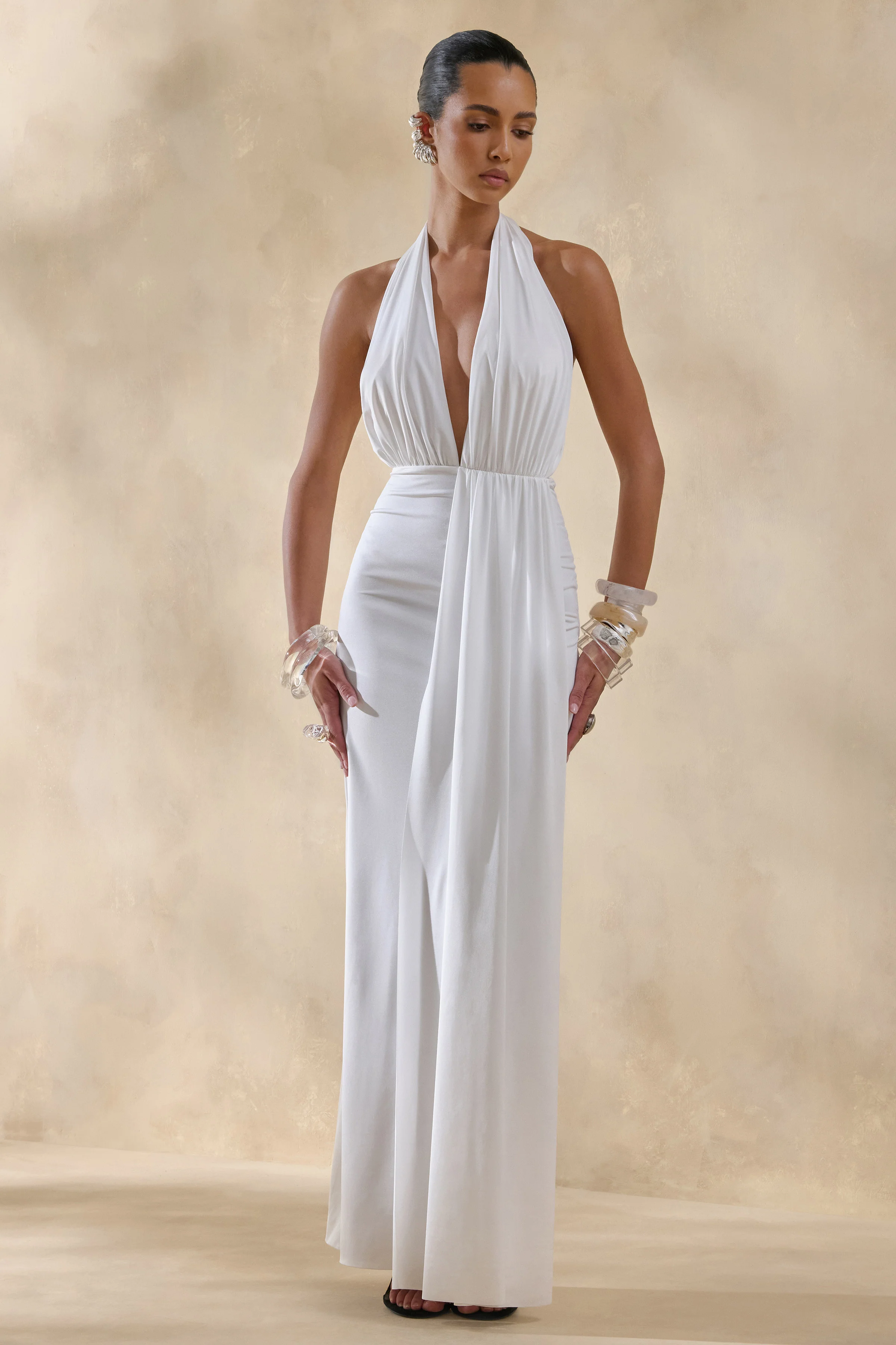 Doria | White Plunge-Neck Maxi Dress