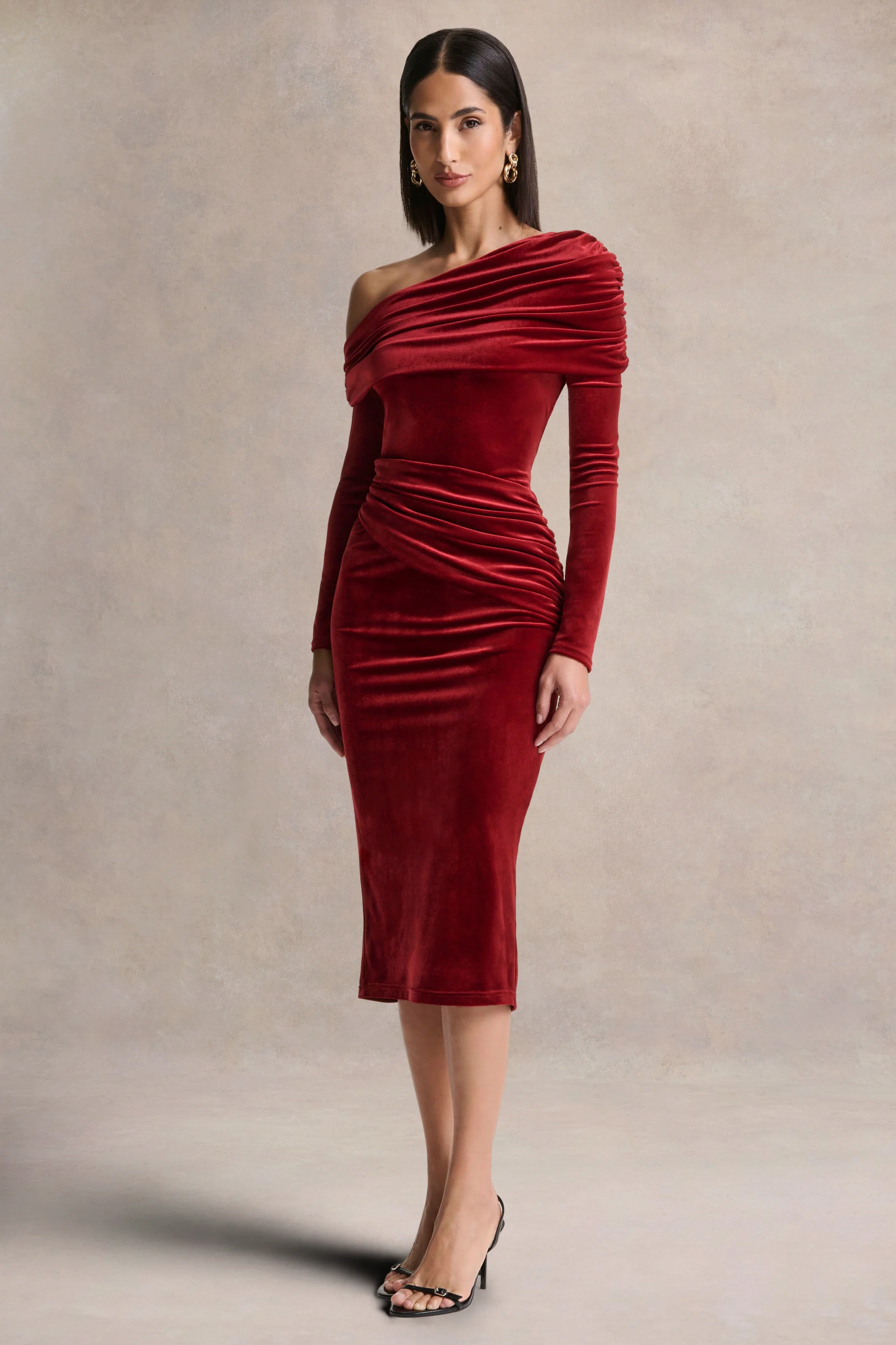 Eirene | Red Velvet Asymmetric-Neck Midi Dress - Image 7