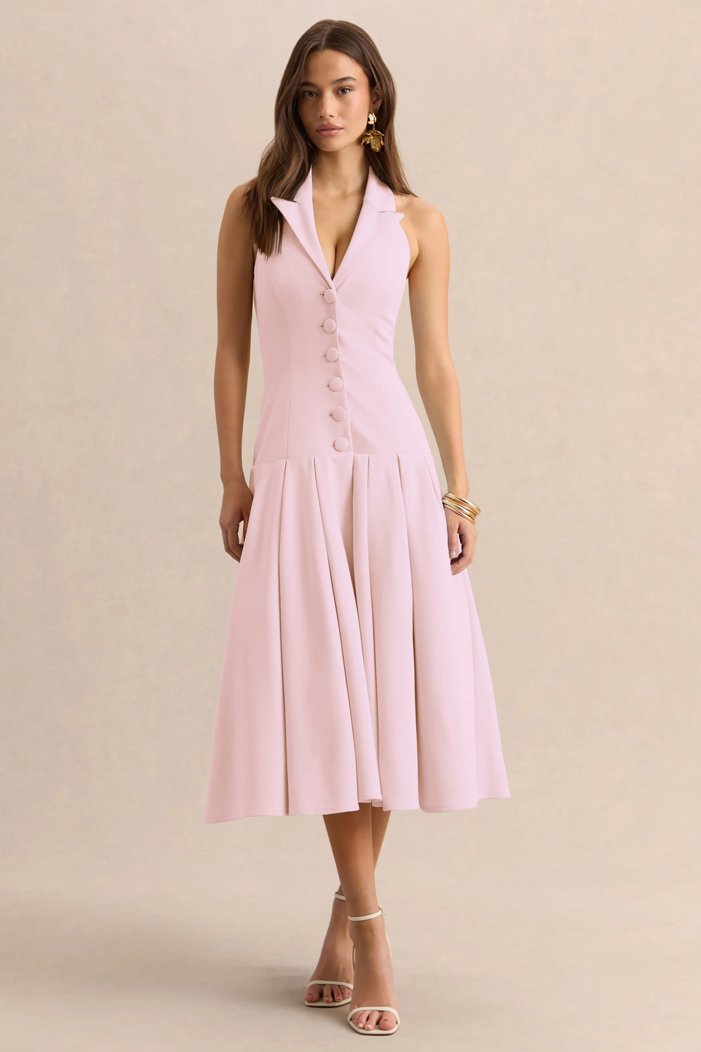 Elise | Light Pink Plunge-Neck Midi Dress With Drop-Waist - Image 5
