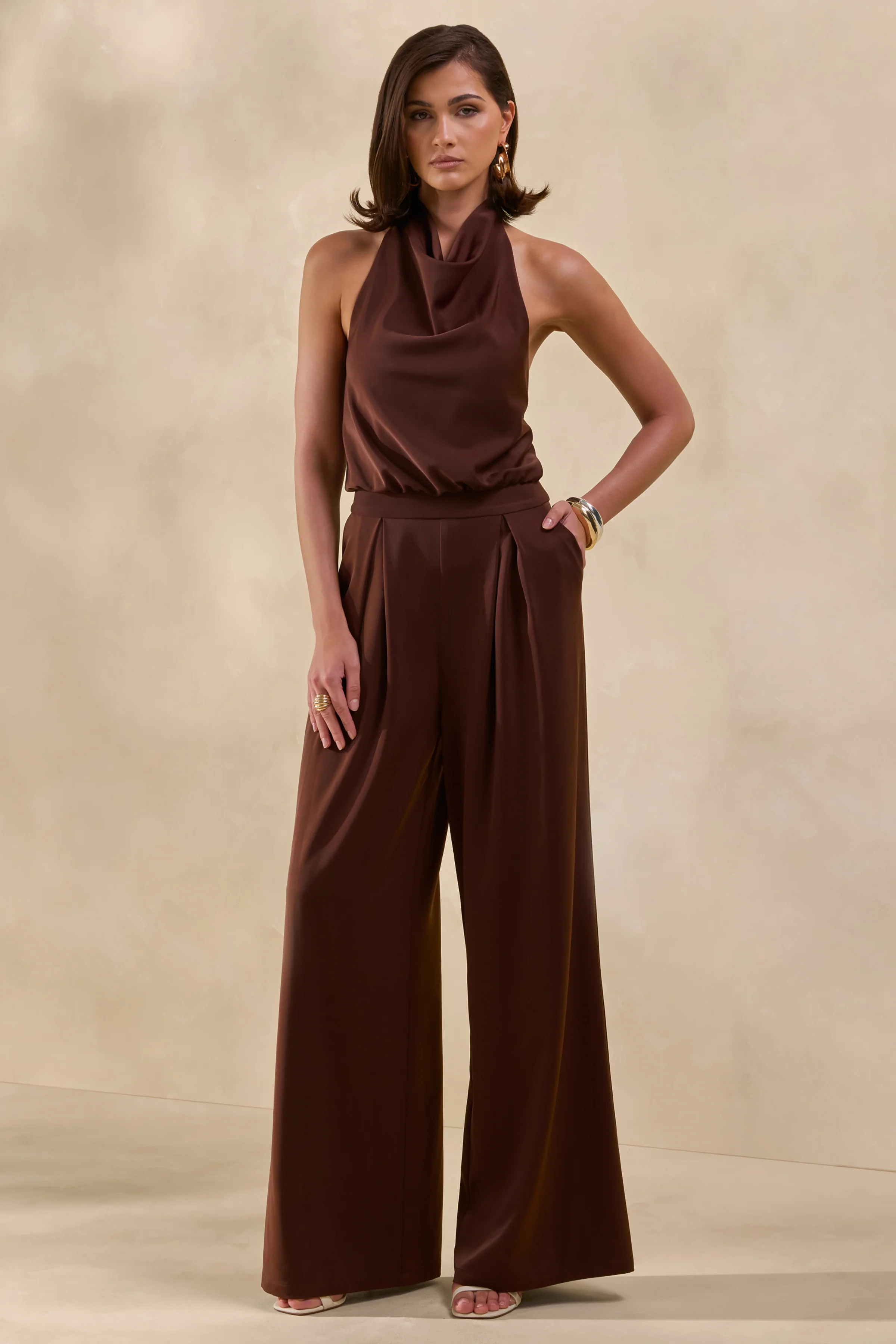 Elisra | Brown Satin Halter-Neck Jumpsuit - Image 5