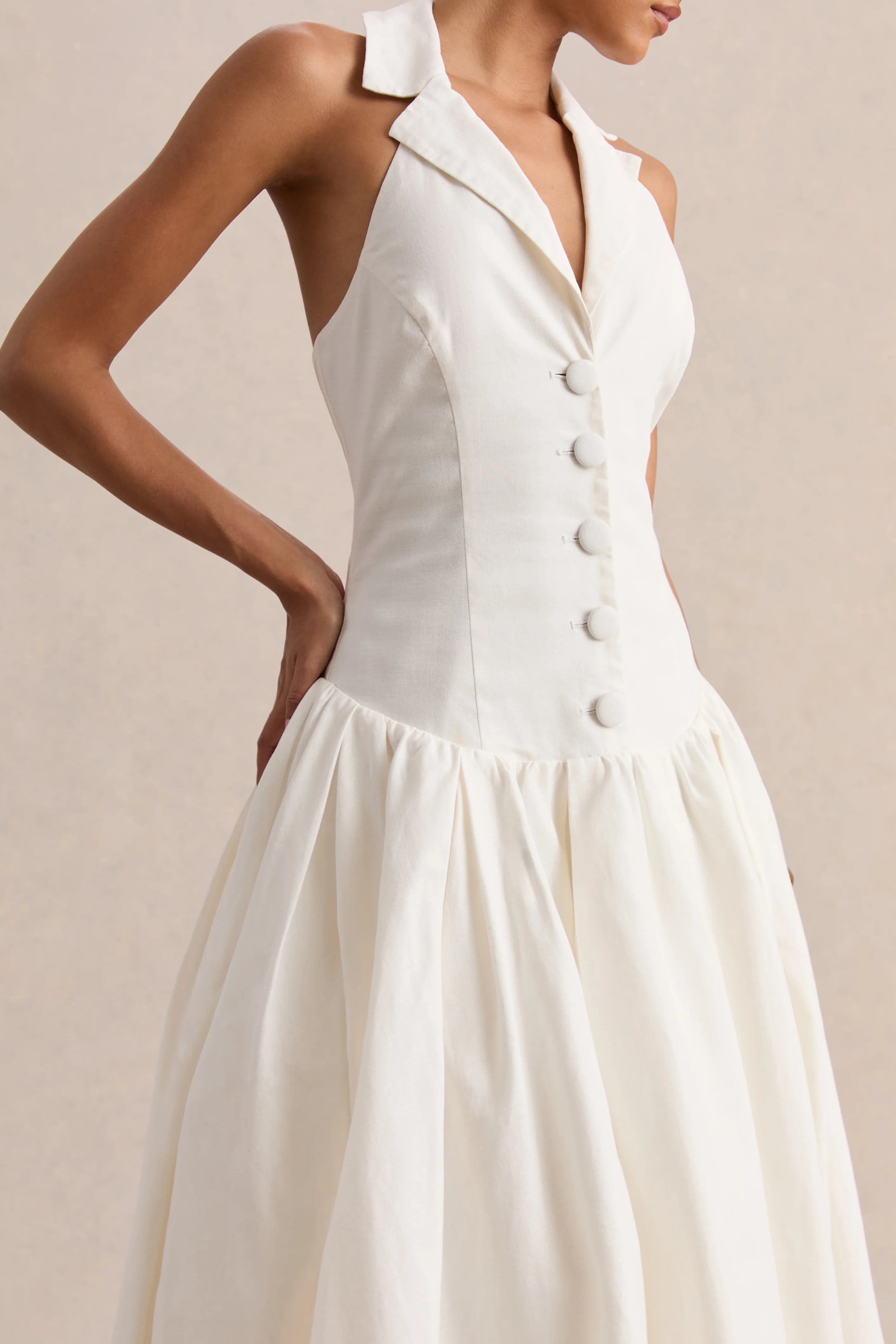 Ella | White Plunge-Neck Midi Dress With Drop-Waist - Image 5