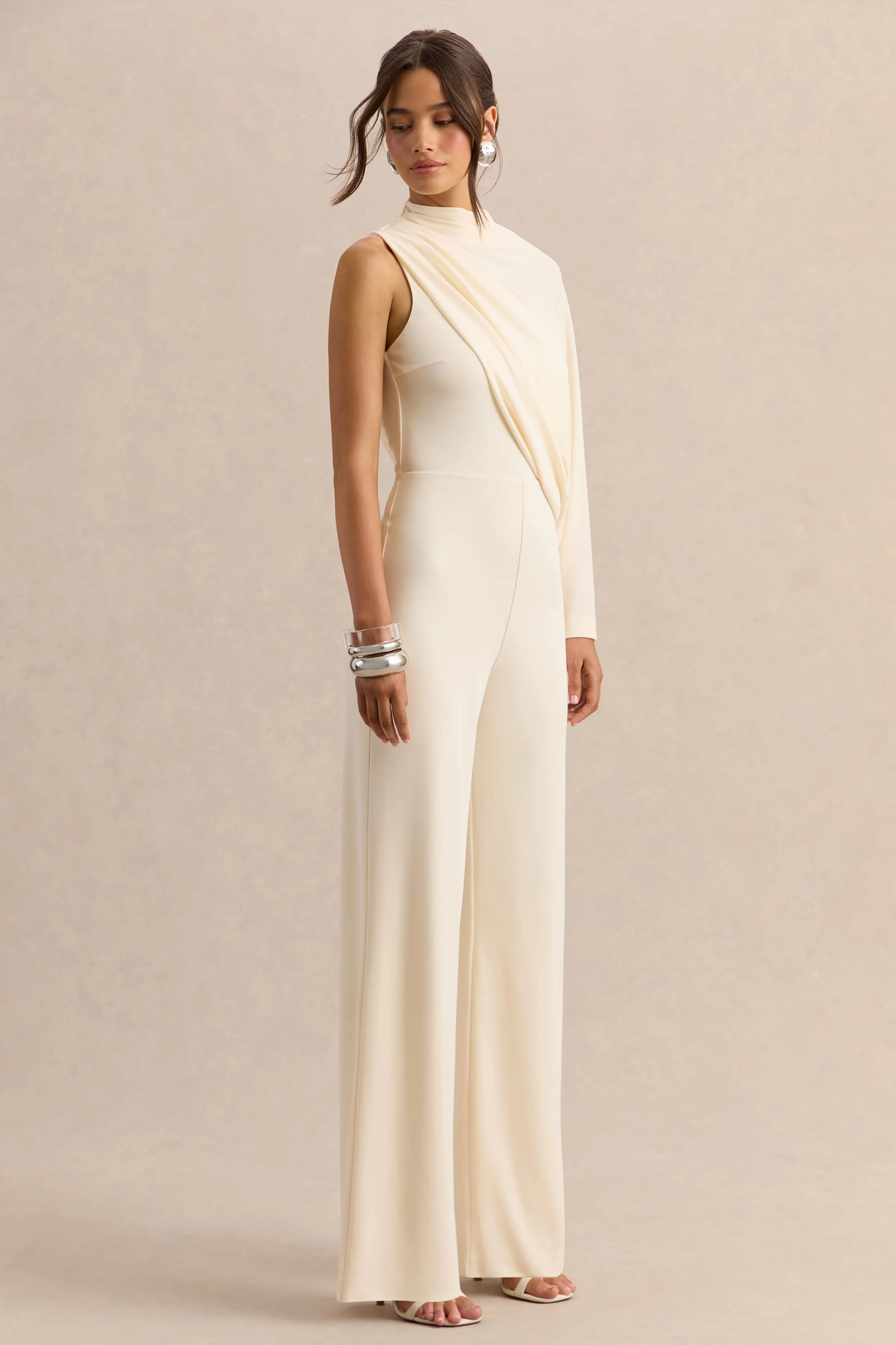 Emoria | Cream High-Neck Jumpsuit With One Long-Sleeve - Image 7
