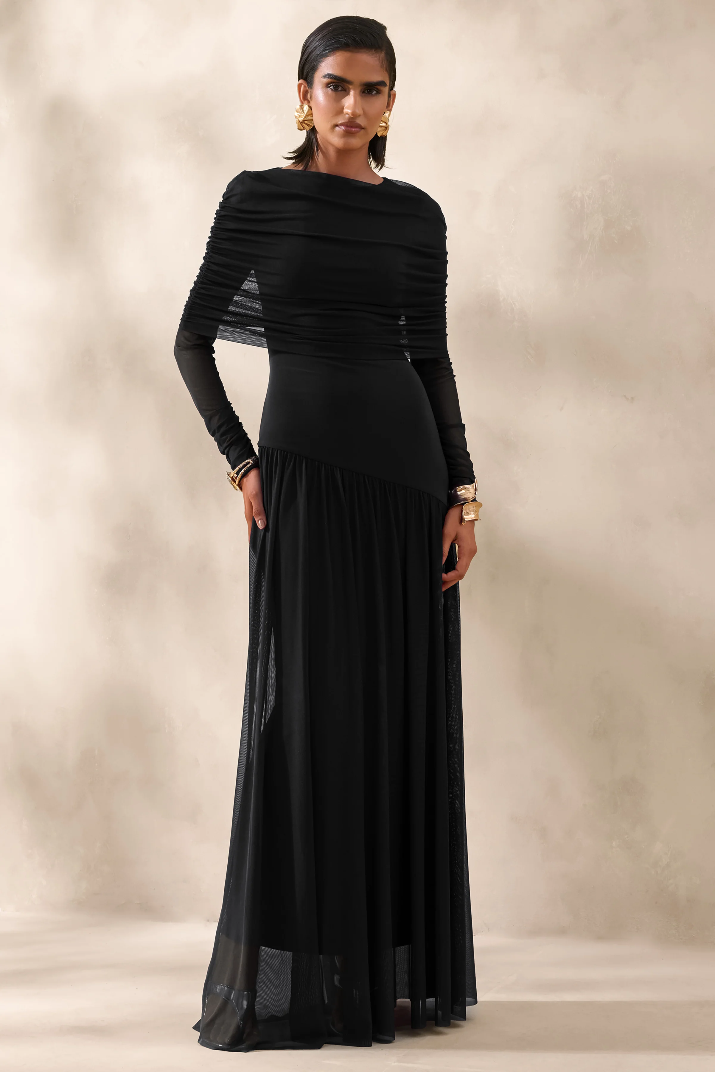 Enalia | Black Mesh Slashed-Neck Maxi Dress With Short-Cape - Image 5