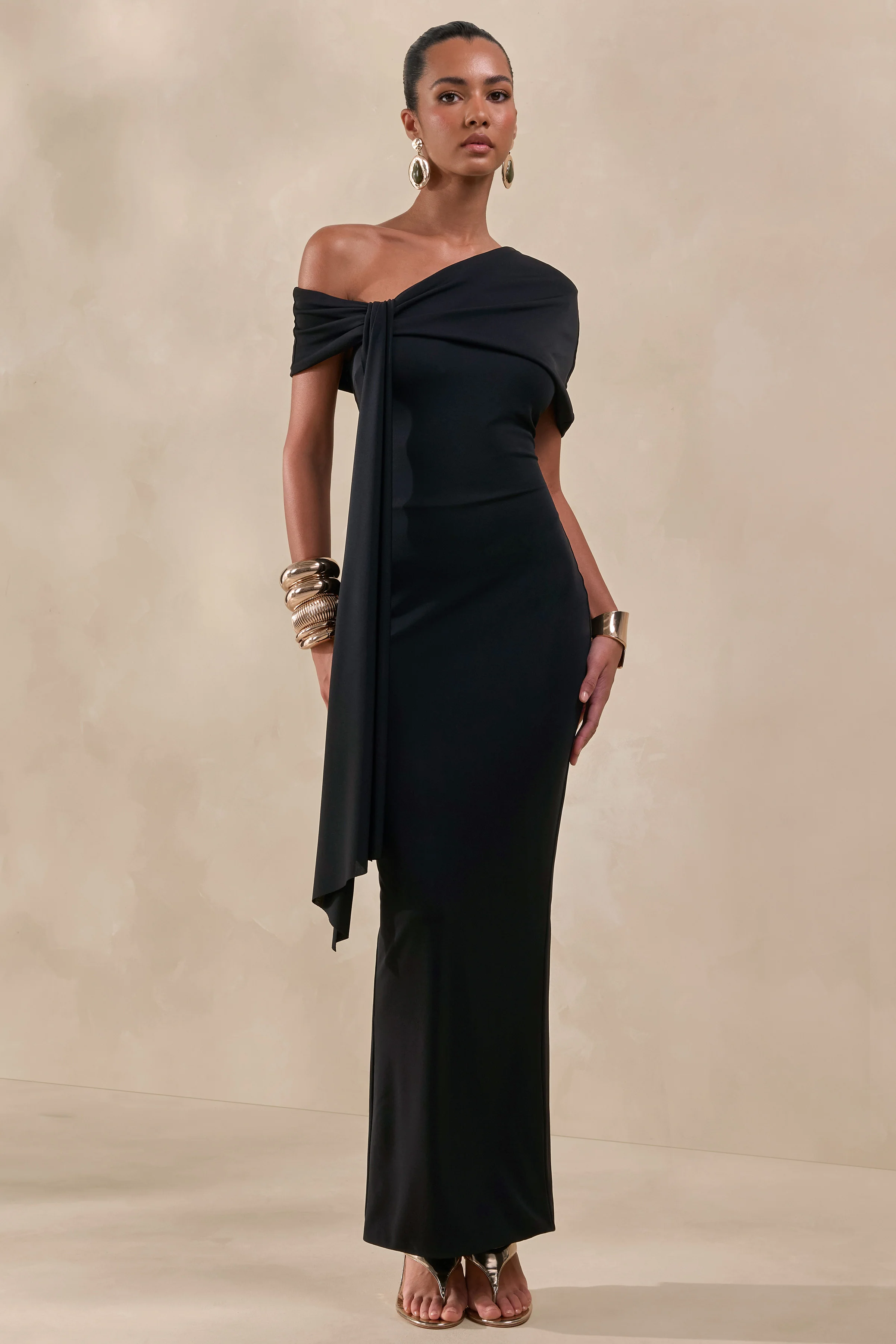 Esalina | Black Asymmetric-Neck Maxi Dress With Sash - Image 3