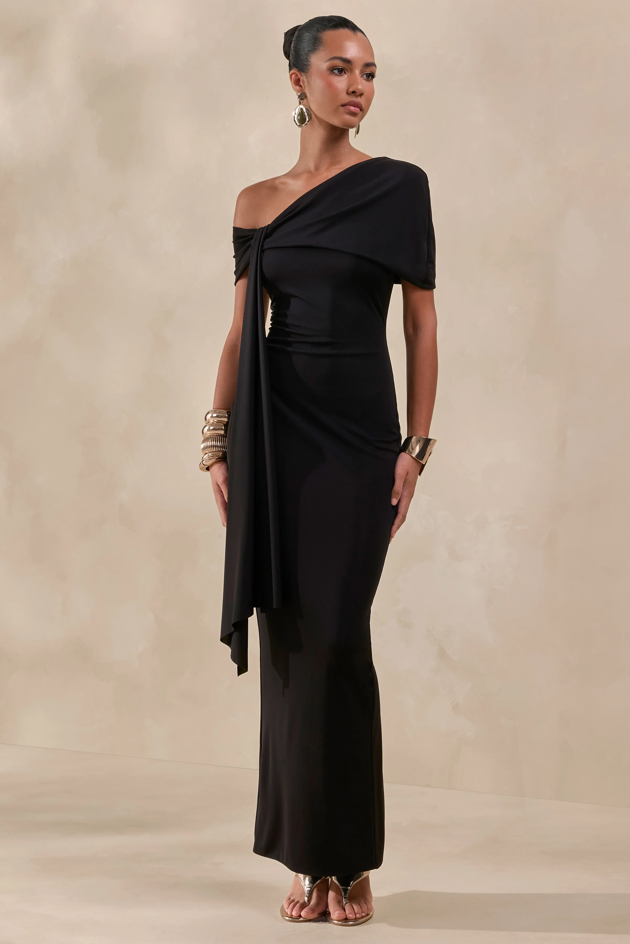 Esalina | Black Asymmetric-Neck Maxi Dress With Sash - Image 6