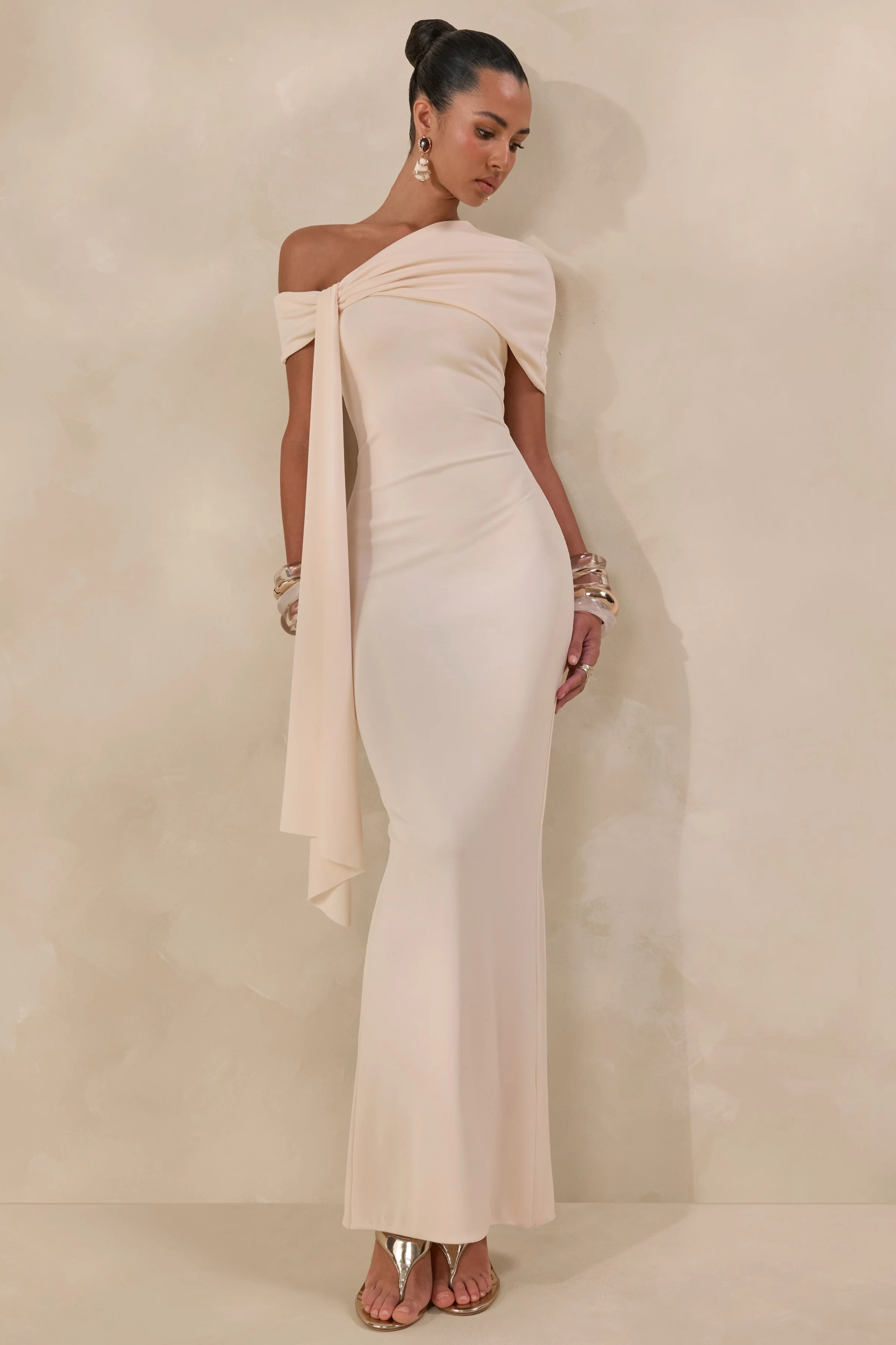 Esalina | Cream Asymmetric-Neck Maxi Dress With Sash - Image 5