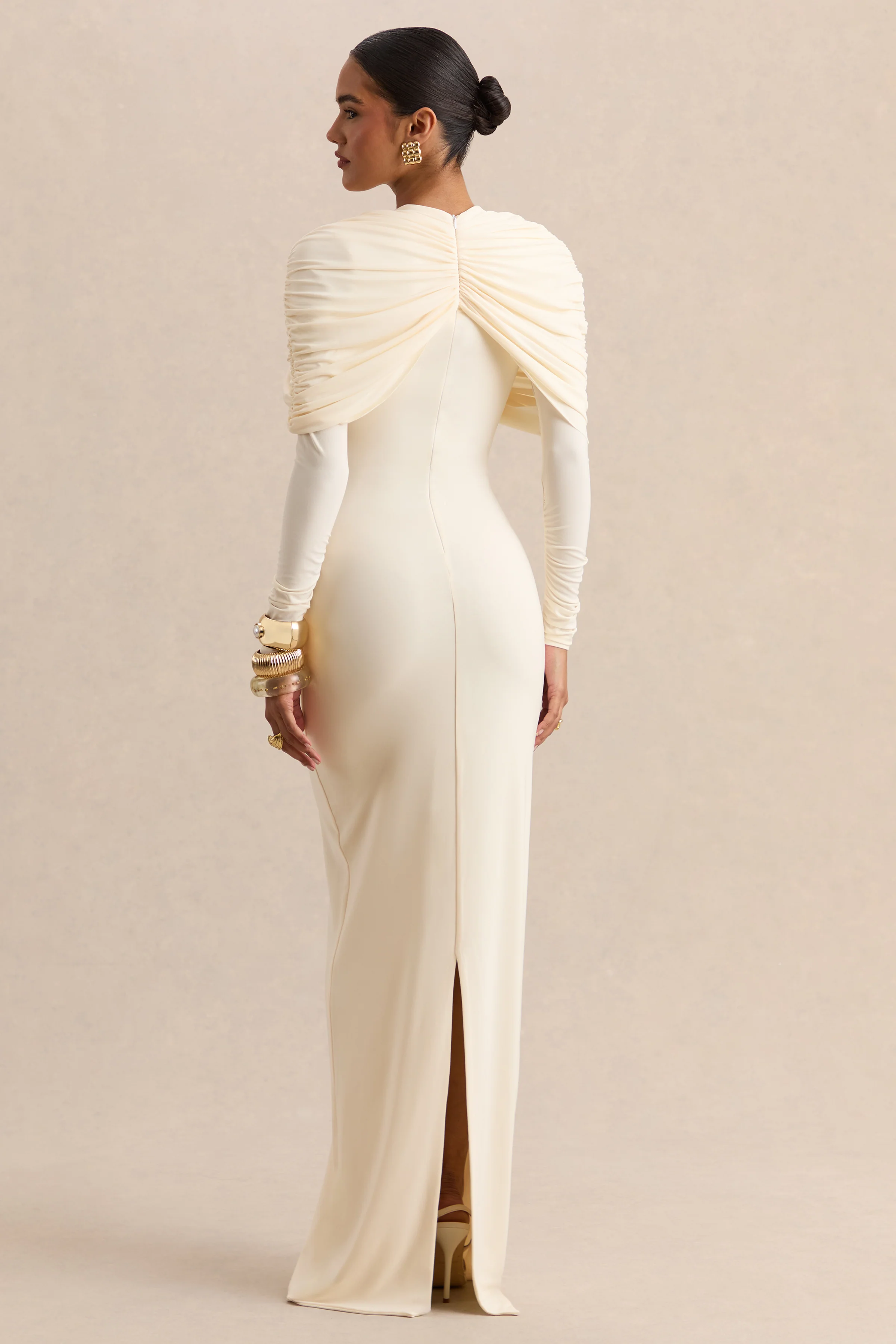 Evessa | Cream Crew-Neck Maxi Dress With Gathered-Detailing - Image 2