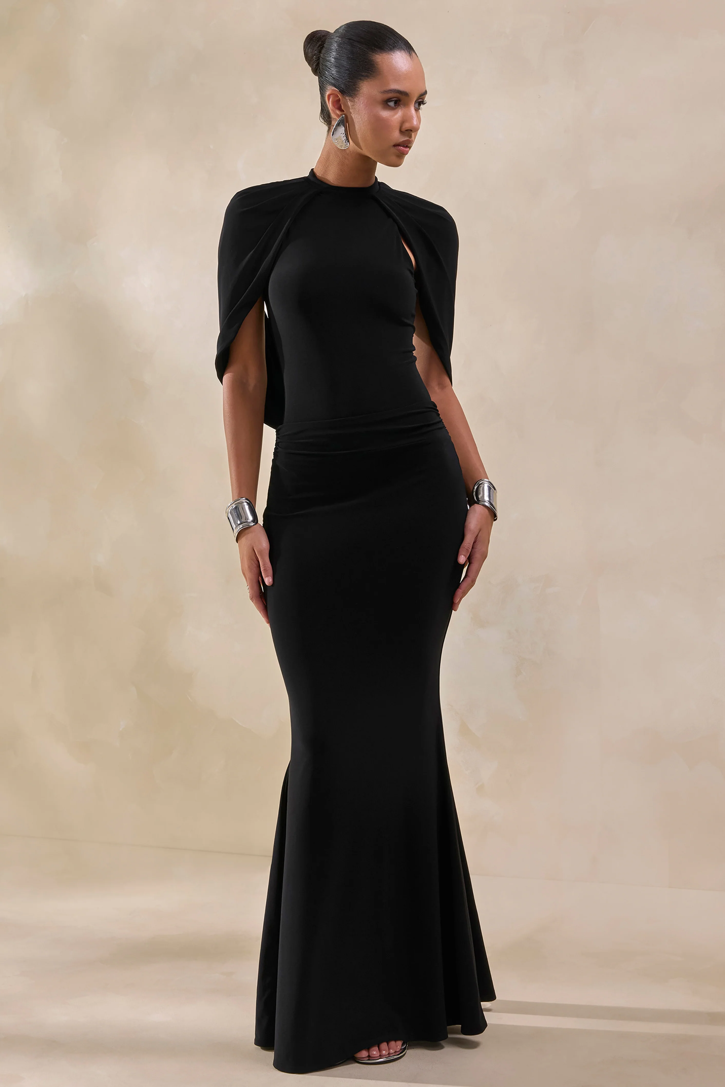 Evonne | Black Round-Neck Thong Bodysuit With Cape Sleeves - Image 2