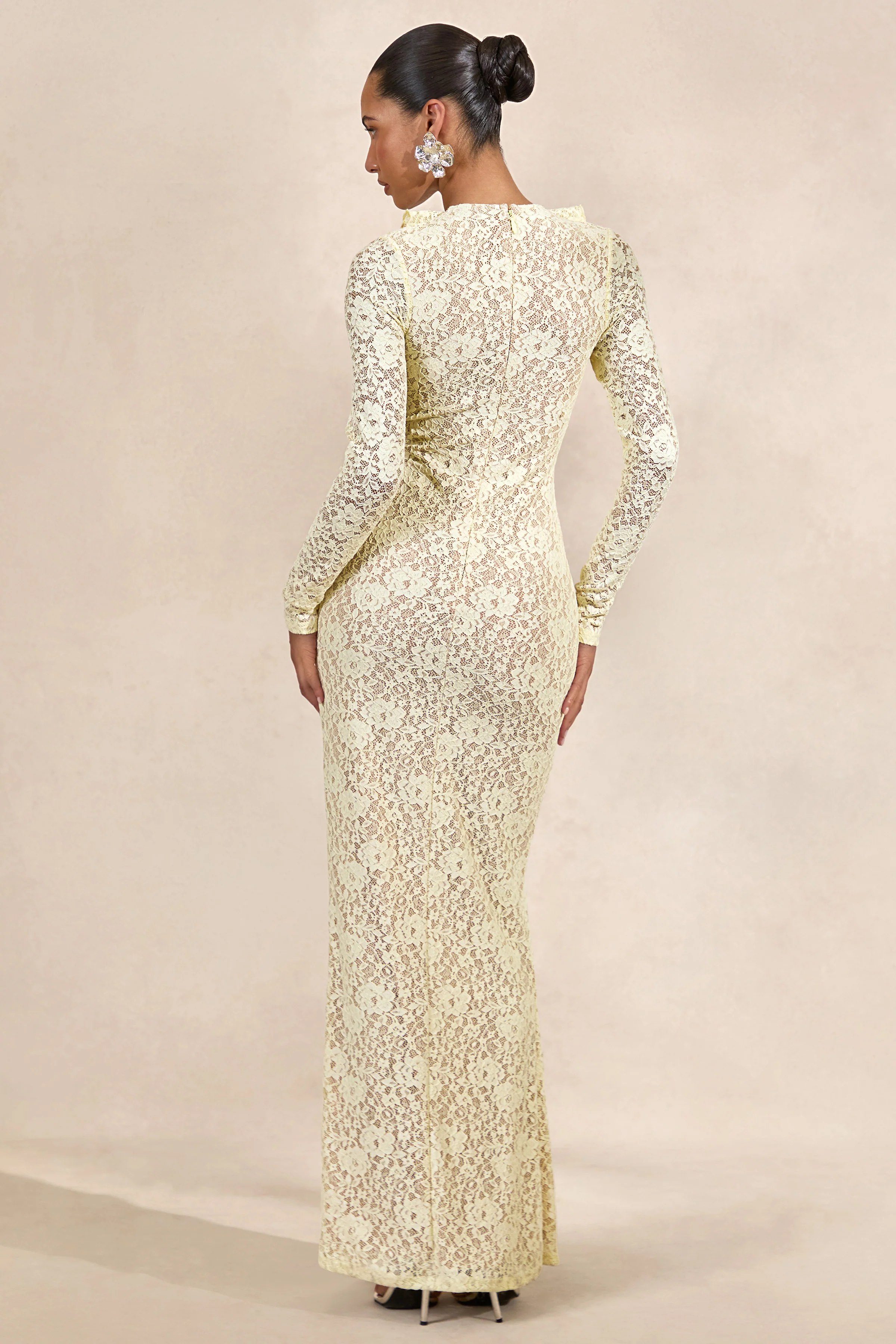 Exelia | Lemon Lace Plunge-Neck Maxi Dress With Long-Sleeves - Image 3