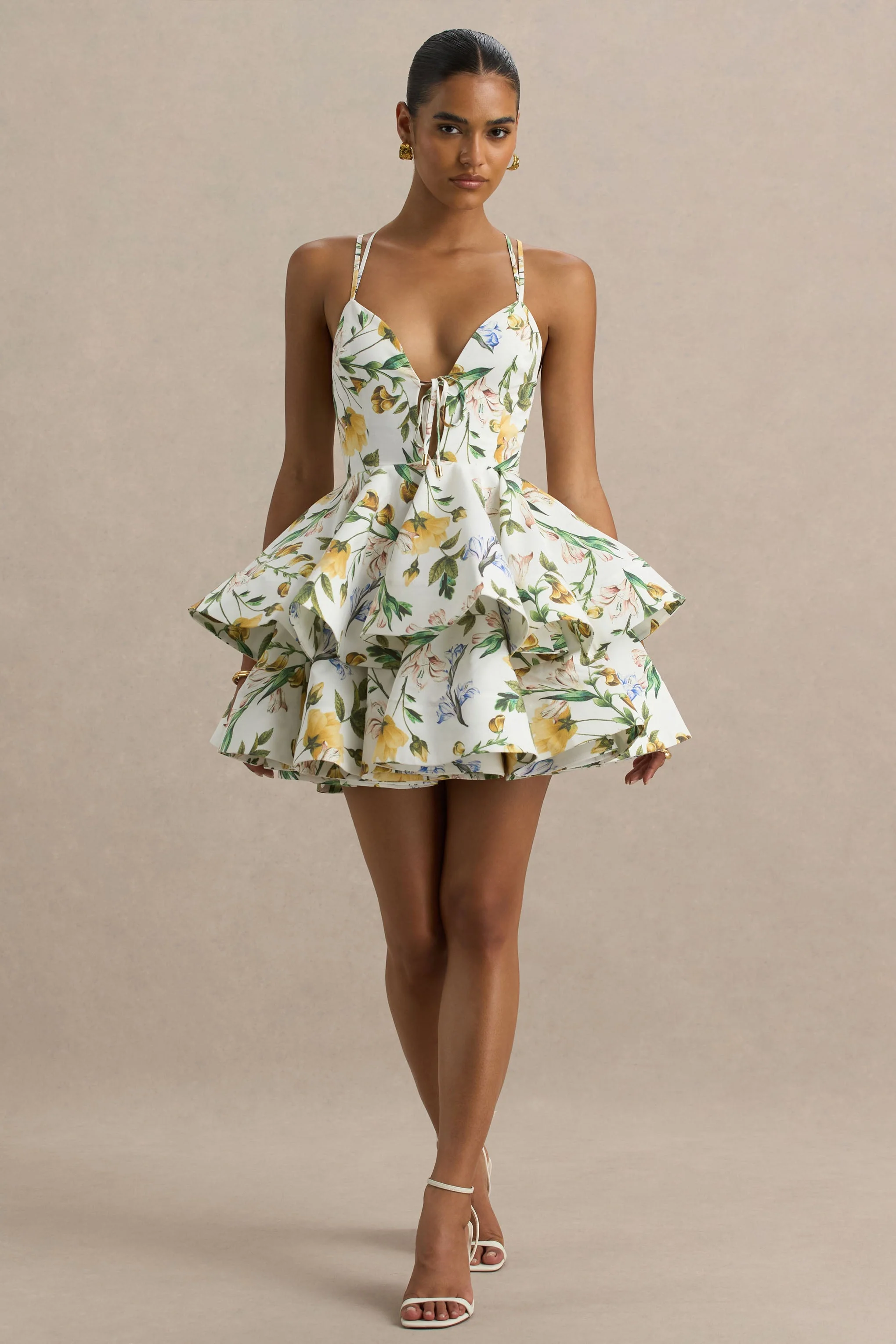 Flavia | Lemon Floral Print Plunge-Neck Ruffled Skater Micro-Mini Dress - Image 6