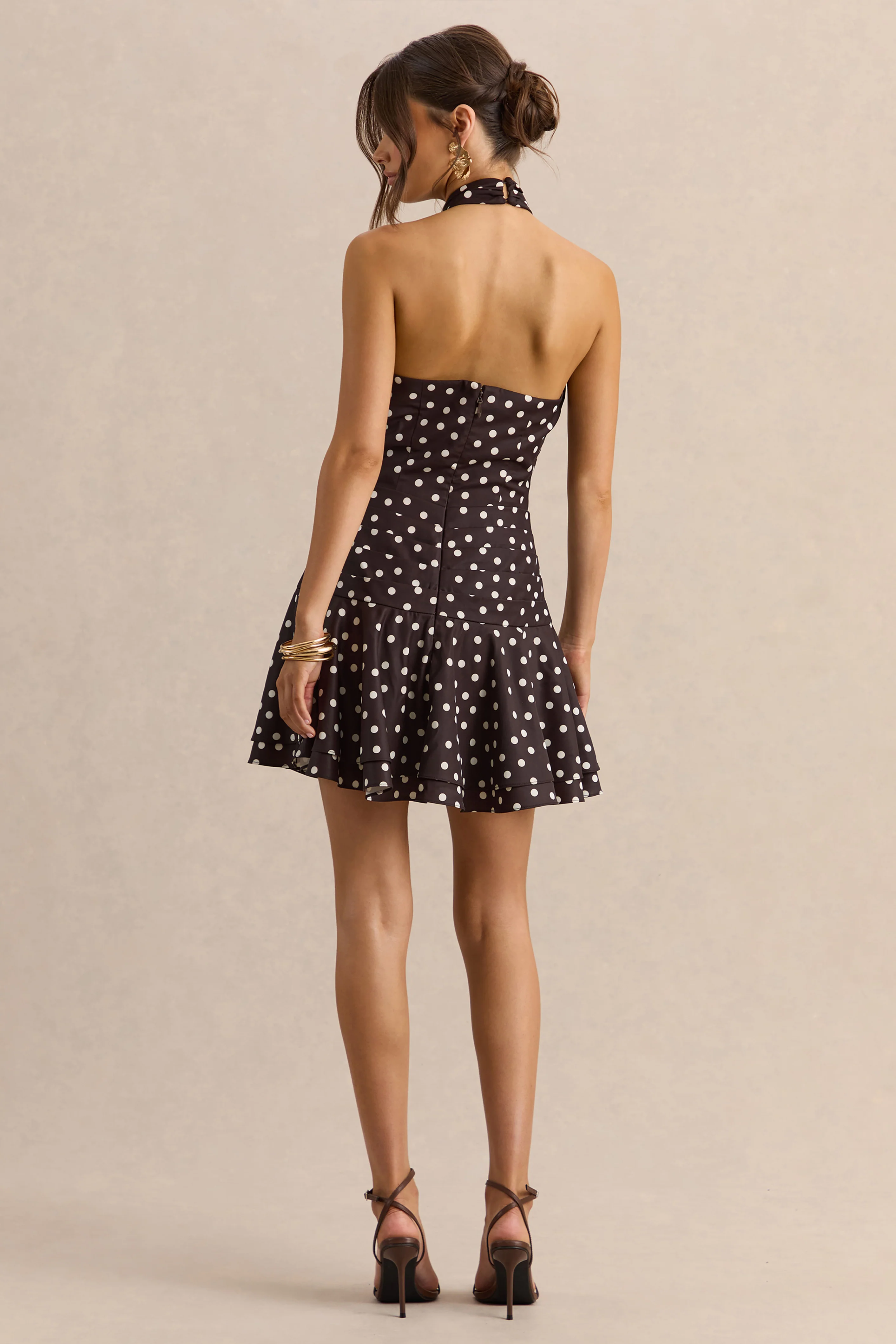 Florence | Brown and White Satin Halter-Neck Mini Dress - Image 2